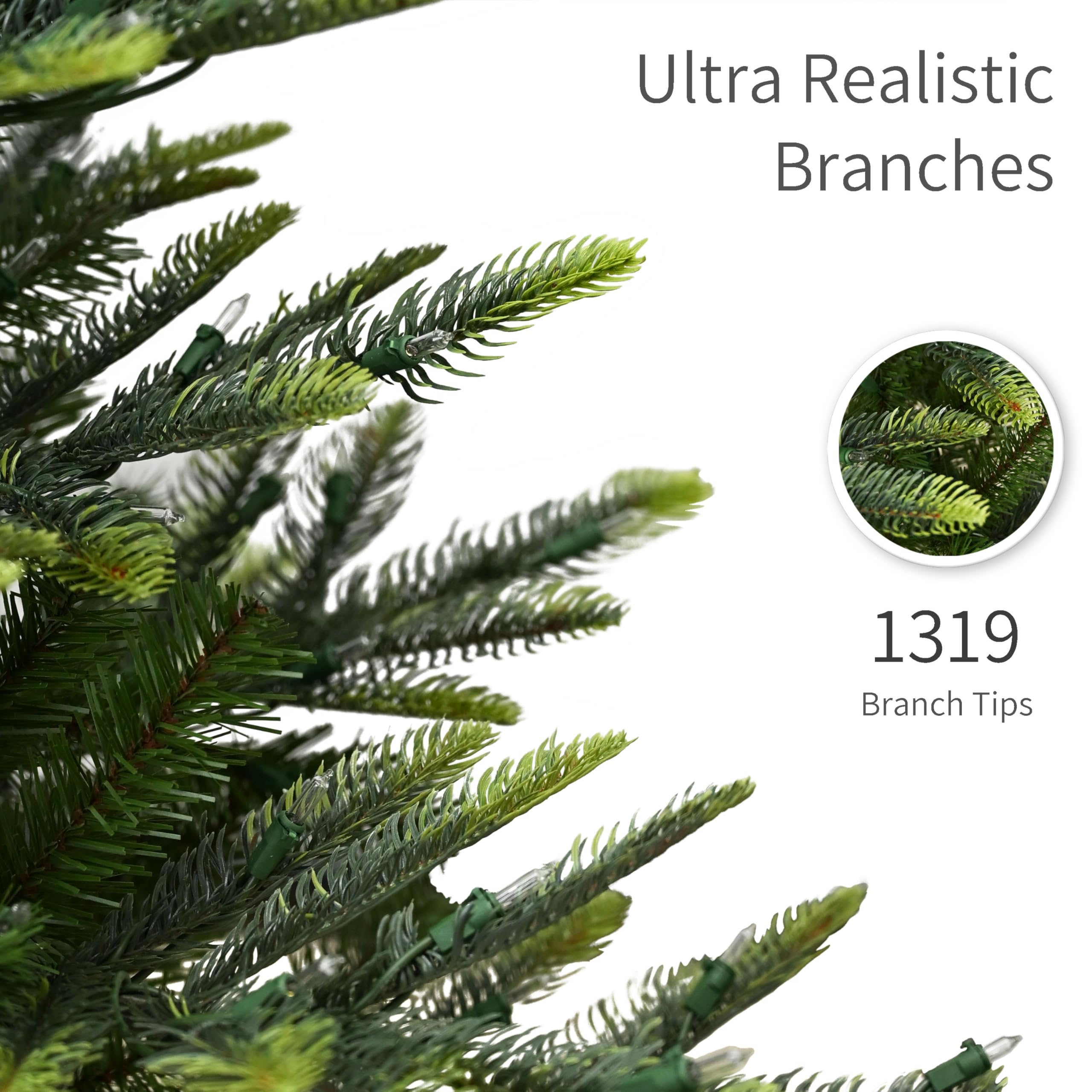 Puleo International 7.5ft Pre-Lit Aspen Fir Artificial Christmas Tree with 700 Clear Lights, 1319 Realistic Dense Branch Tips, Easy Setup Artificial Trees with Sturdy Metal Stand