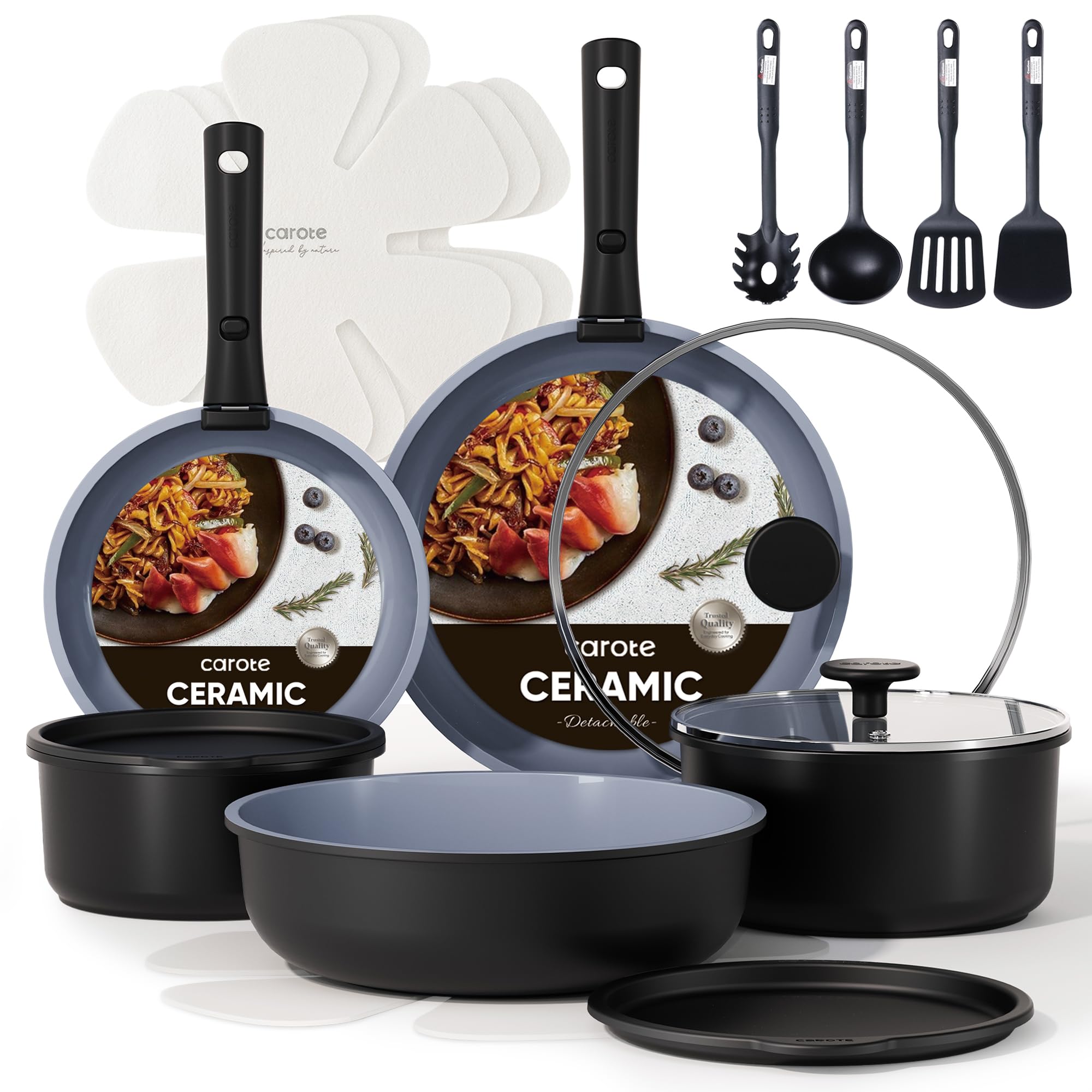 CAROTE 19pcs Pots and Pans Set, Nonstick Cookware Set Detachable Handle, Induction Kitchen Cookware Sets Non Stick with Removable Handle, RV Cookware Set, Oven Safe