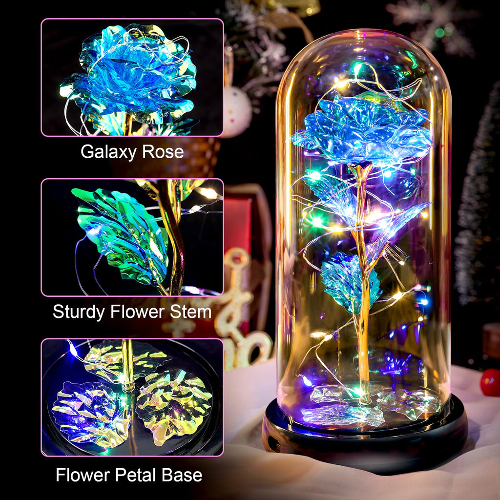 Pusuny Mothers Day Flowers Gifts for Mom Women Birthday Gift Galaxy Glass Rose Forever Eternal Crystal Flowers Rose in Glass Dome with Butterfly Mother's Day Roses Gifts for Mom Daughter Wife Purple