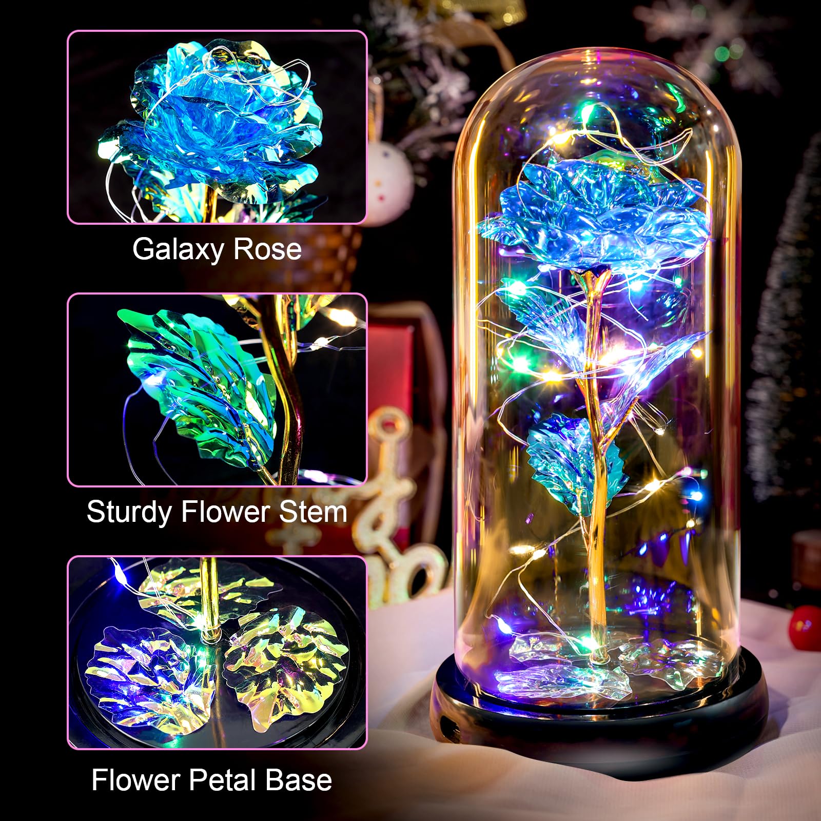Pusuny Mothers Day Flowers Gifts for Mom Women Birthday Gift Galaxy Glass Rose Forever Eternal Crystal Flowers Rose in Glass Dome with Butterfly Mother's Day Roses Gifts for Mom Daughter Wife Purple