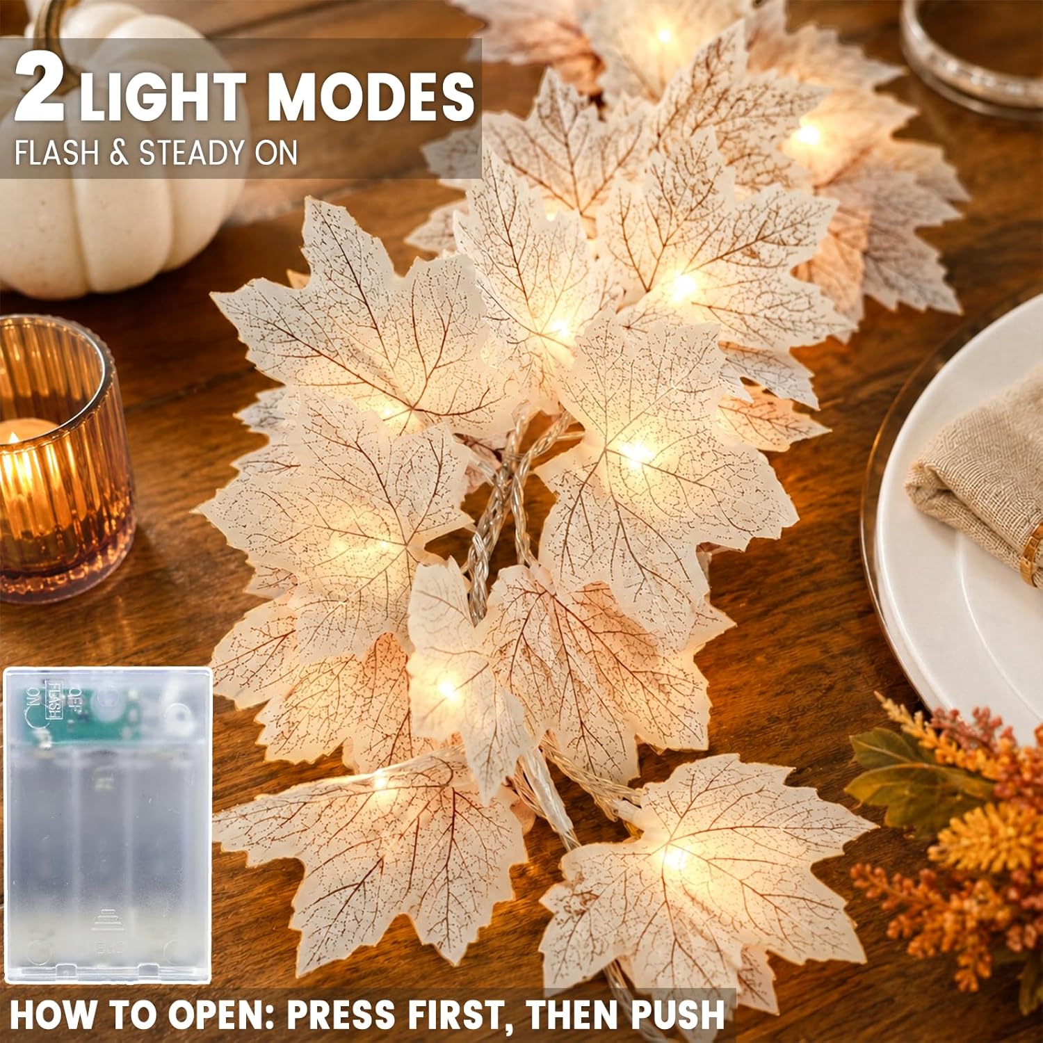 2 Pack Fall Decor Fall Garland with Lights Fall Decorations for Home, Lighted Maples Leaves Garland Total 13Ft 40LED Battery Operated Halloween Thanksgiving Christmas Decor Home Mantel Indoor Outdoor
