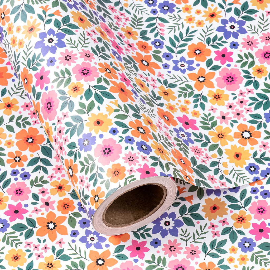 WRAPAHOLIC Kraft Floral Wrapping Paper Roll - Mini Roll - 17 Inch x 9.8 Feet - Spring Summer Garden Flower Design Perfect for Wedding, Bridal Shower, Birthday