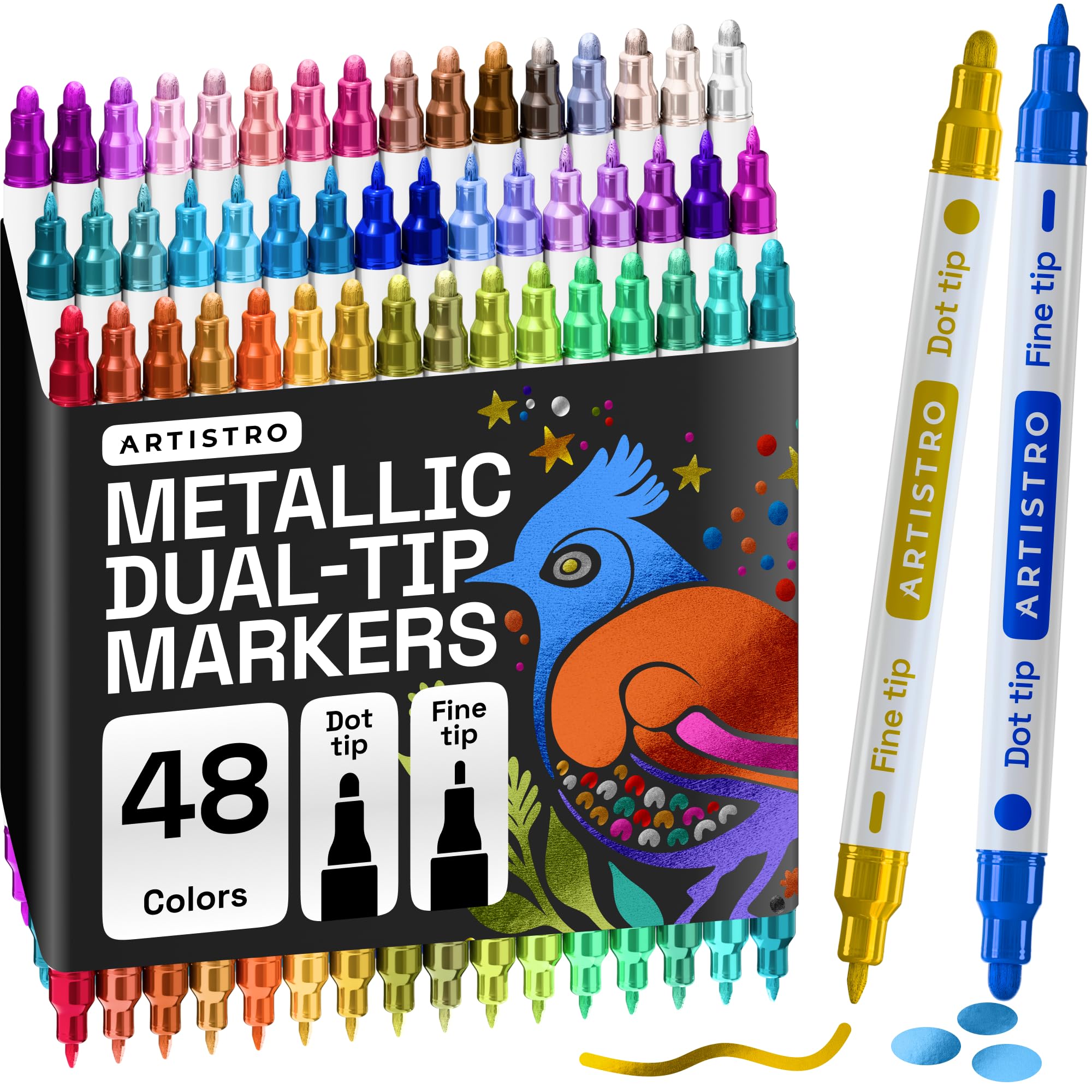 ARTISTRO 36 Dual Tip Pens, Dot & Fine Tips Paint Markers – Paint Pens Set for Fabric, Rock, Glass, Wood, Coloring Books – Arts & Crafts Gift – Classroom Must Haves & School Supplies