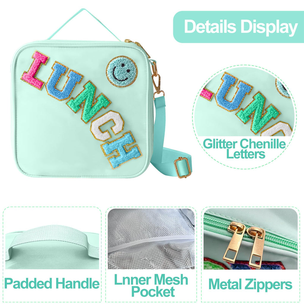 Insulated Lunch Bag With Adjustable Shoulder Strap, Nylon Preppy Lunch Box Large Insulated Lunch Bag Reusable Lunch Tote Bag with Smiley Preppy LunchBag for Girls School Travel Picnic (Purple)