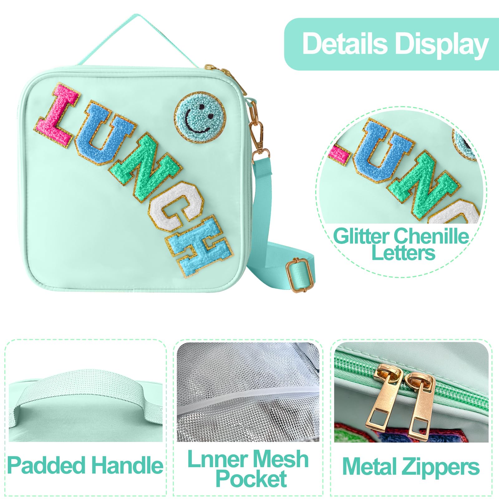 Insulated Lunch Bag With Adjustable Shoulder Strap, Nylon Preppy Lunch Box Large Insulated Lunch Bag Reusable Lunch Tote Bag with Smiley Preppy LunchBag for Girls School Travel Picnic (Purple)