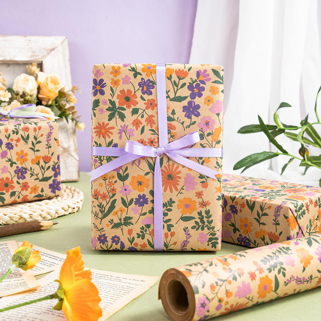 WRAPAHOLIC Kraft Floral Wrapping Paper Roll - Mini Roll - 17 Inch x 9.8 Feet - Spring Summer Garden Flower Design Perfect for Wedding, Bridal Shower, Birthday