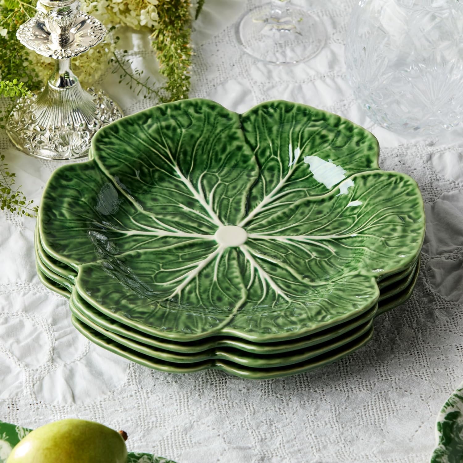 Le Jardin Green Cabbage Plates - Dinner, SET OF FOUR -11" Sculpted Green Stoneware Leaf Plates – Seasonal Garden-Inspired Tableware for Spring & Summer Dining and Entertaining