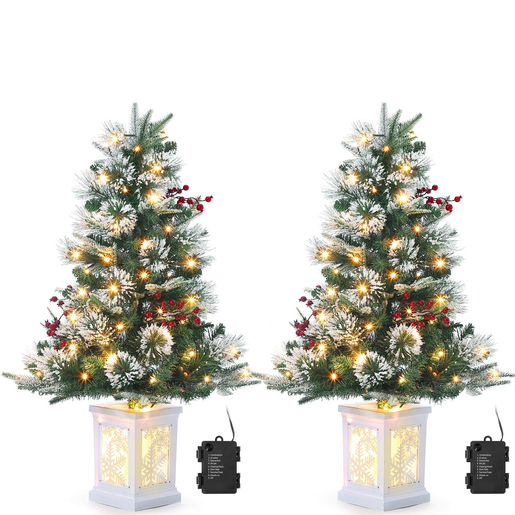 3FT Prelit Premium Snow Flocked Artificial Christmas Tree with Warm White LED, Mini Prelit Xmas Pine Tree for Christmas Decoration,Yard,Home,Office,Outdoor,Indoor,8 Mode Snowflake White Base- 1PC