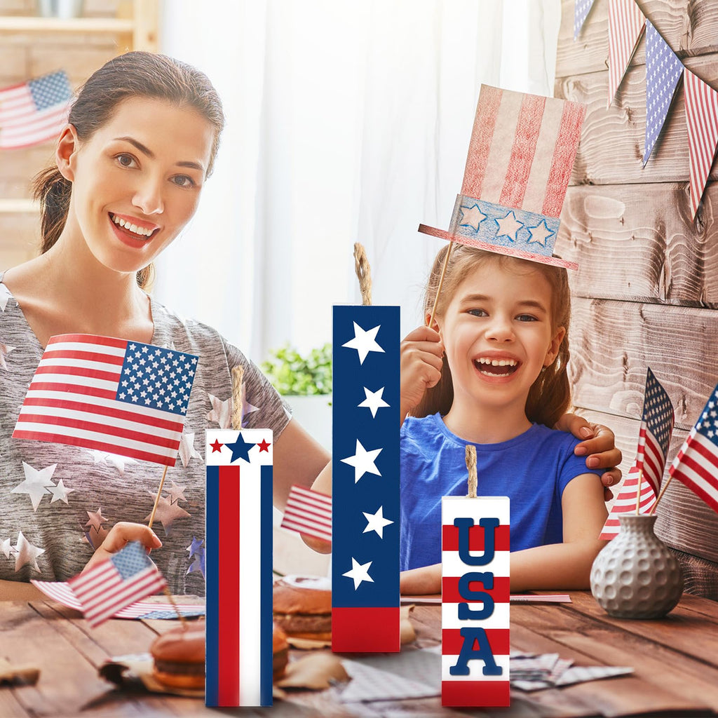 Amyhill 3 Pcs 4th of July Decorations Set Wooden Patriotic Table Centerpieces Independence Day Wood Firework Fourth of July Table Signs for 250th Anniversary Home Farmhouse Decor (Flag)