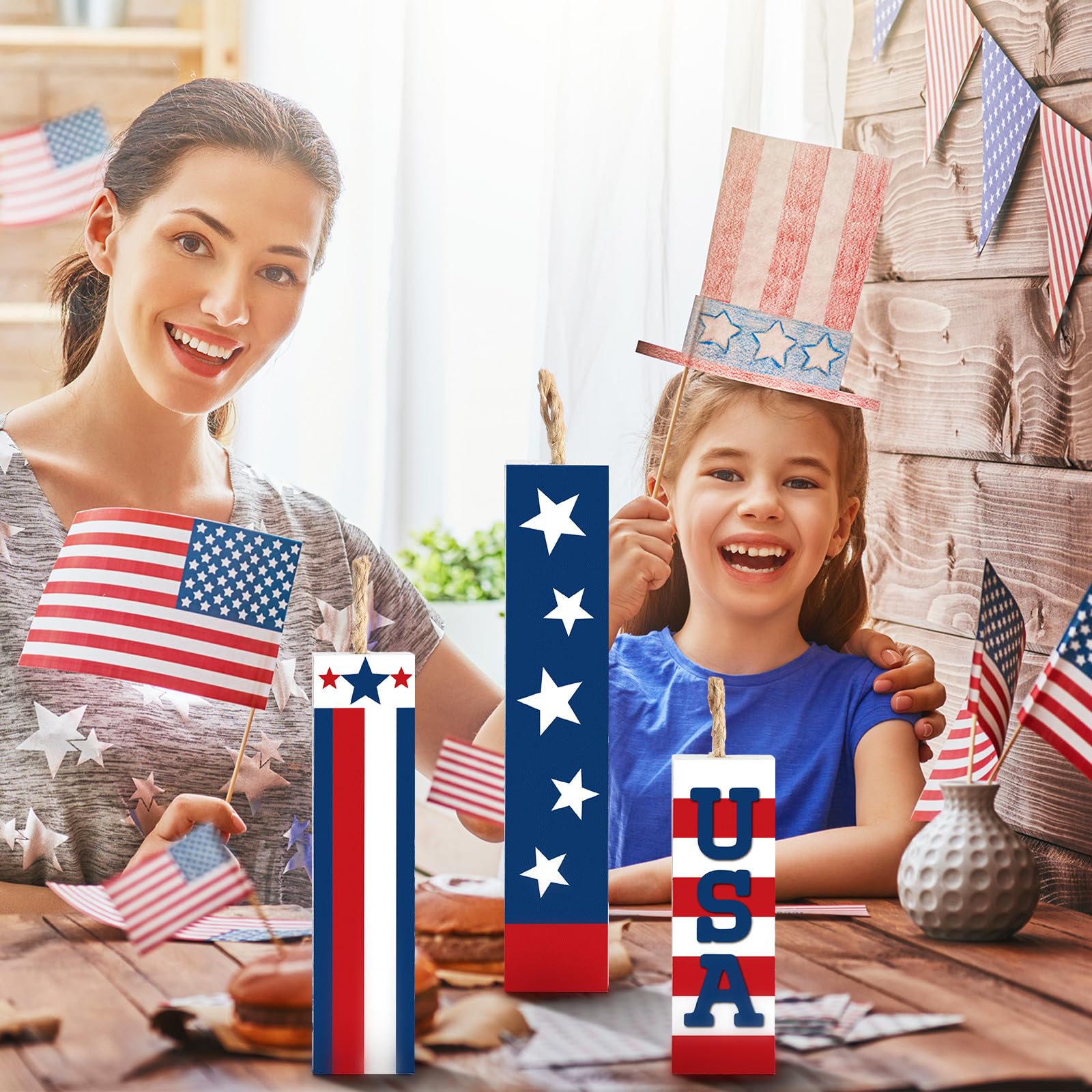 Amyhill 3 Pcs 4th of July Decorations Set Wooden Patriotic Table Centerpieces Independence Day Wood Firework Fourth of July Table Signs for 250th Anniversary Home Farmhouse Decor (Flag)