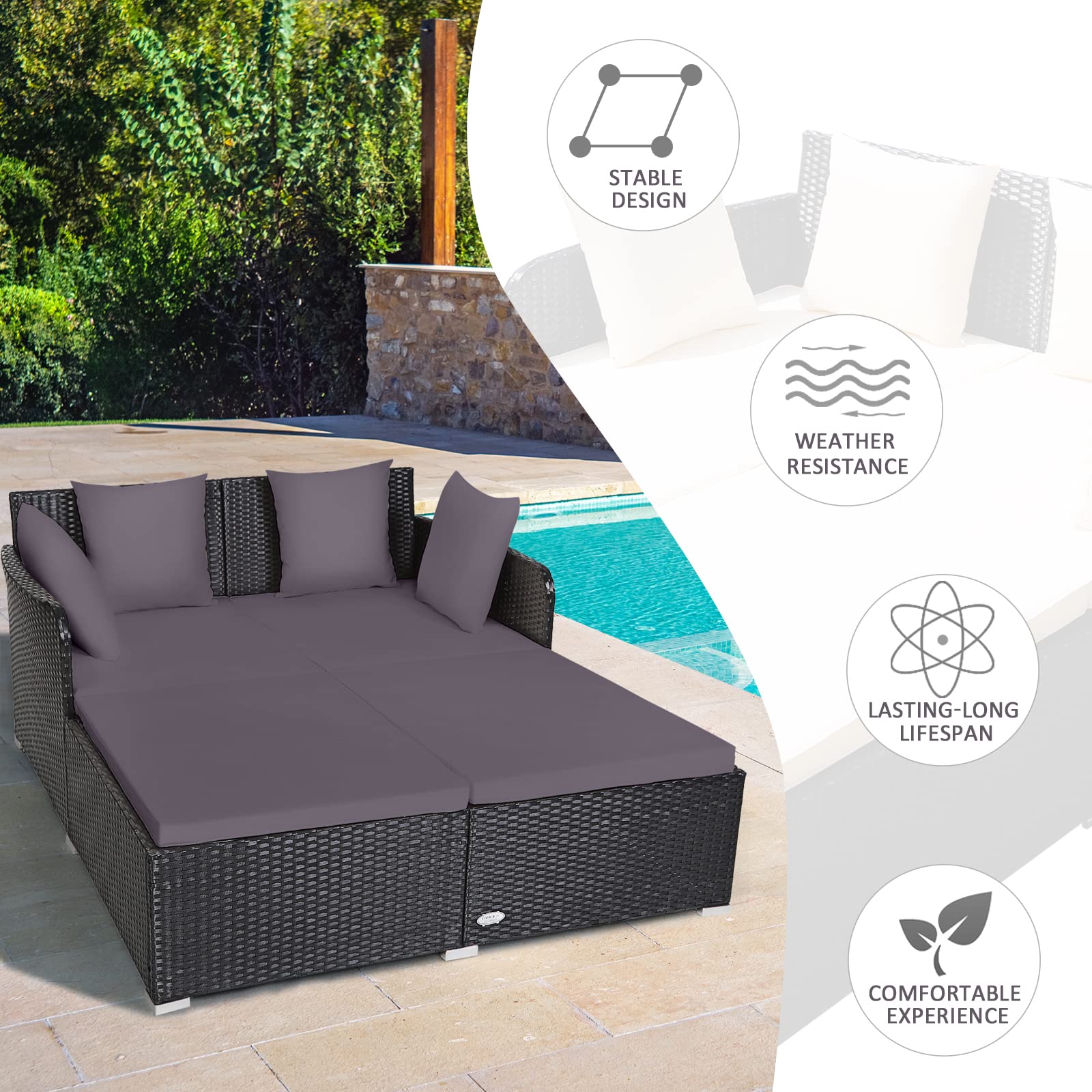 Tangkula Patio Rattan Daybed with Retractable Canopy, Outdoor Wicker Sunbed Lounger with 2 Foldable Side Tables, Thick Seat & Back Cushions, Outside Double Daybed for Garden, Backyard, Porch