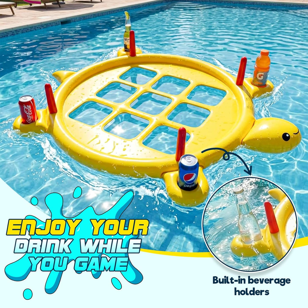 2 in 1 Pool Toys Games for Kids, Pool Tic Tac & Ring Toss Games for Adults Teens Family Party, Giant Inflatable Floating Tic Tac Toe with Cup Holder, 10 Balls & 10 Rings, Fun Swimming Beach Yard Game