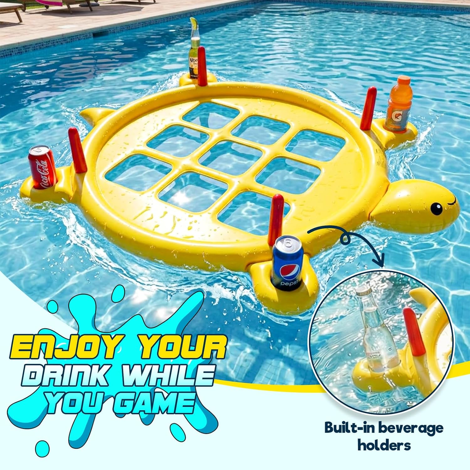 2 in 1 Pool Toys Games for Kids, Pool Tic Tac & Ring Toss Games for Adults Teens Family Party, Giant Inflatable Floating Tic Tac Toe with Cup Holder, 10 Balls & 10 Rings, Fun Swimming Beach Yard Game