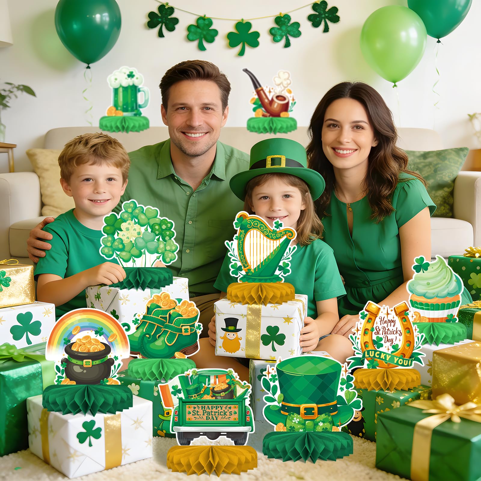 St Patrick's Day Decorations Set - St Patricks Day Honeycomb Centerpieces & Shamrock Beer Table Toppers, for Irish Classroom & St. Patrick's Day Party Supplies