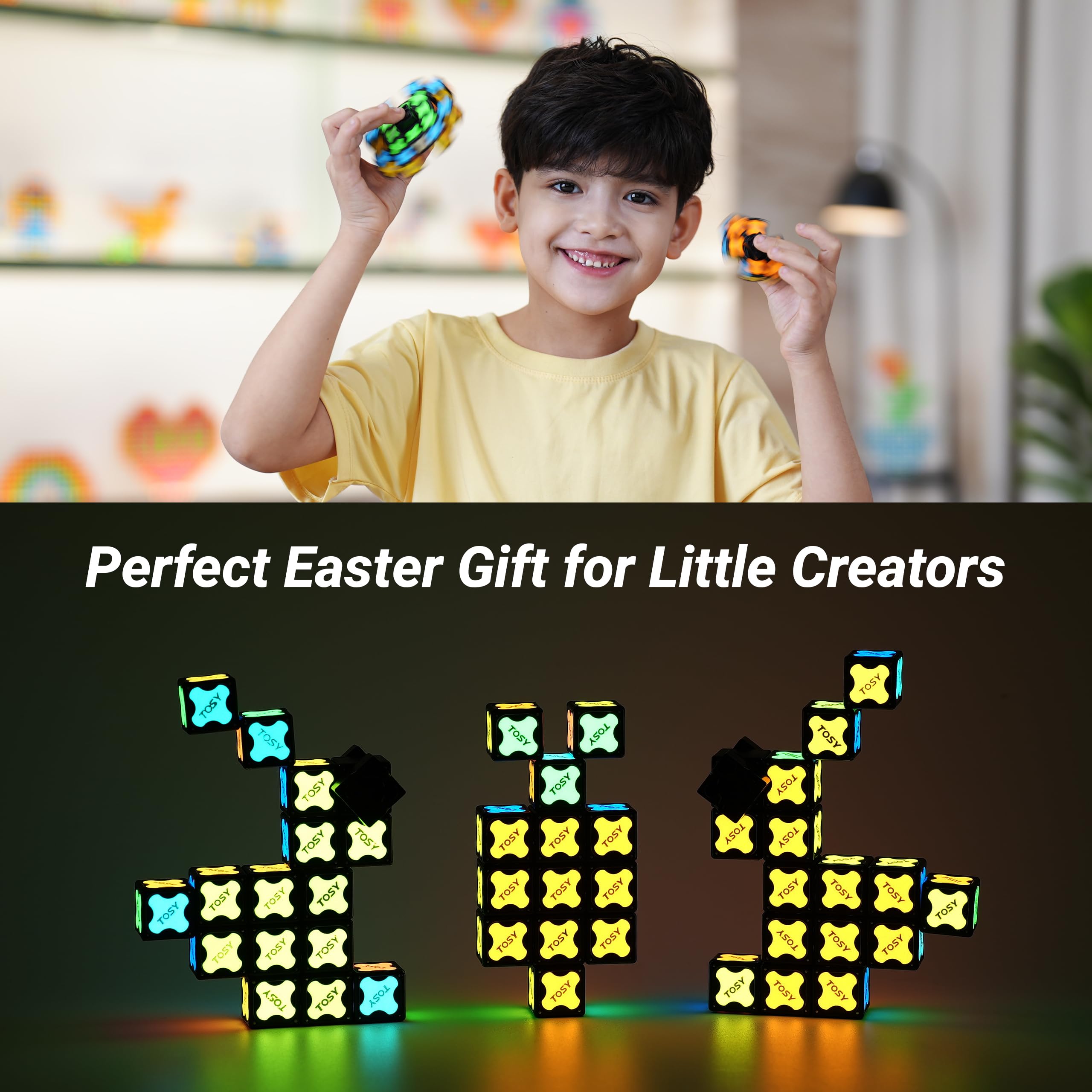 TOSY Magnet Fidget Spinner Mini - 8 Blocks, 3 in 1 Toy: Transformable Fidget Spinner, Infinity Cube, 2x2 Puzzle Cube, Easter Basket Stuffers for Kids/Adults, STEM Sensory Stress Relief Toy