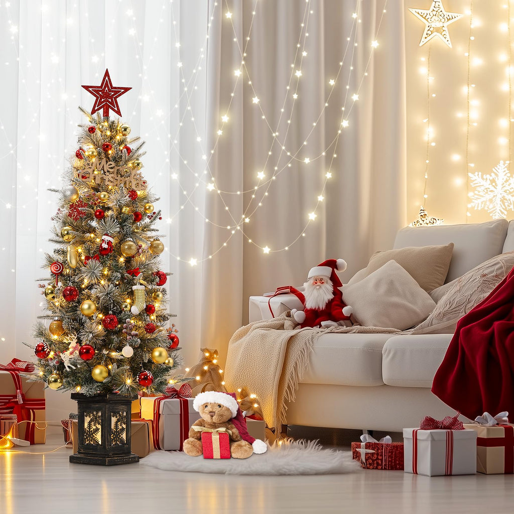 3FT Prelit Premium Snow Flocked Artificial Christmas Tree with Warm White LED, Mini Prelit Xmas Pine Tree for Christmas Decoration,Yard,Home,Office,Outdoor,Indoor,8 Mode Snowflake White Base- 1PC