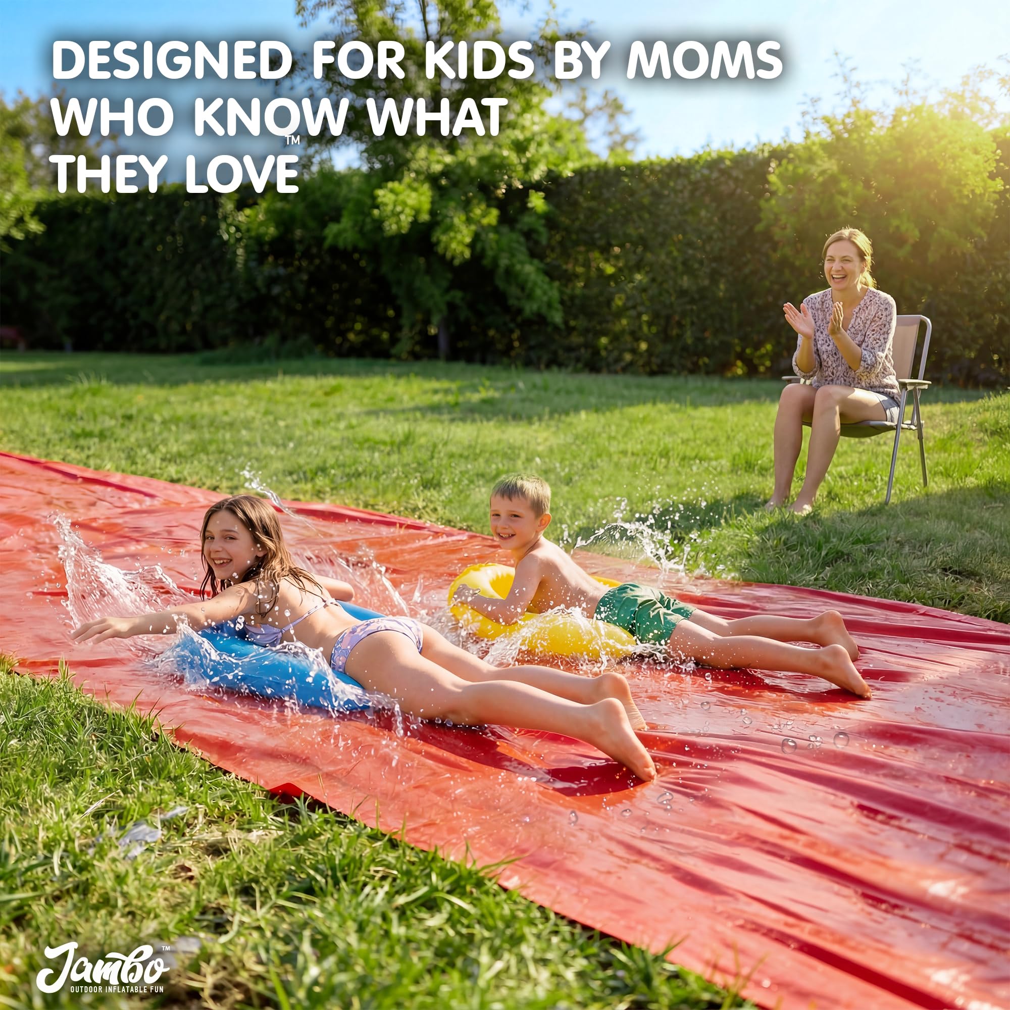 JAMBO Premium Triple Water Slide with 3 Bodyboards, 20Ft Heavy Duty Slip Splash and Slides-Advanced 3-Way Sprinkler System, Splash Pad Mat Backyard Summer Outdoor Water Toys n Long Slides for Kids