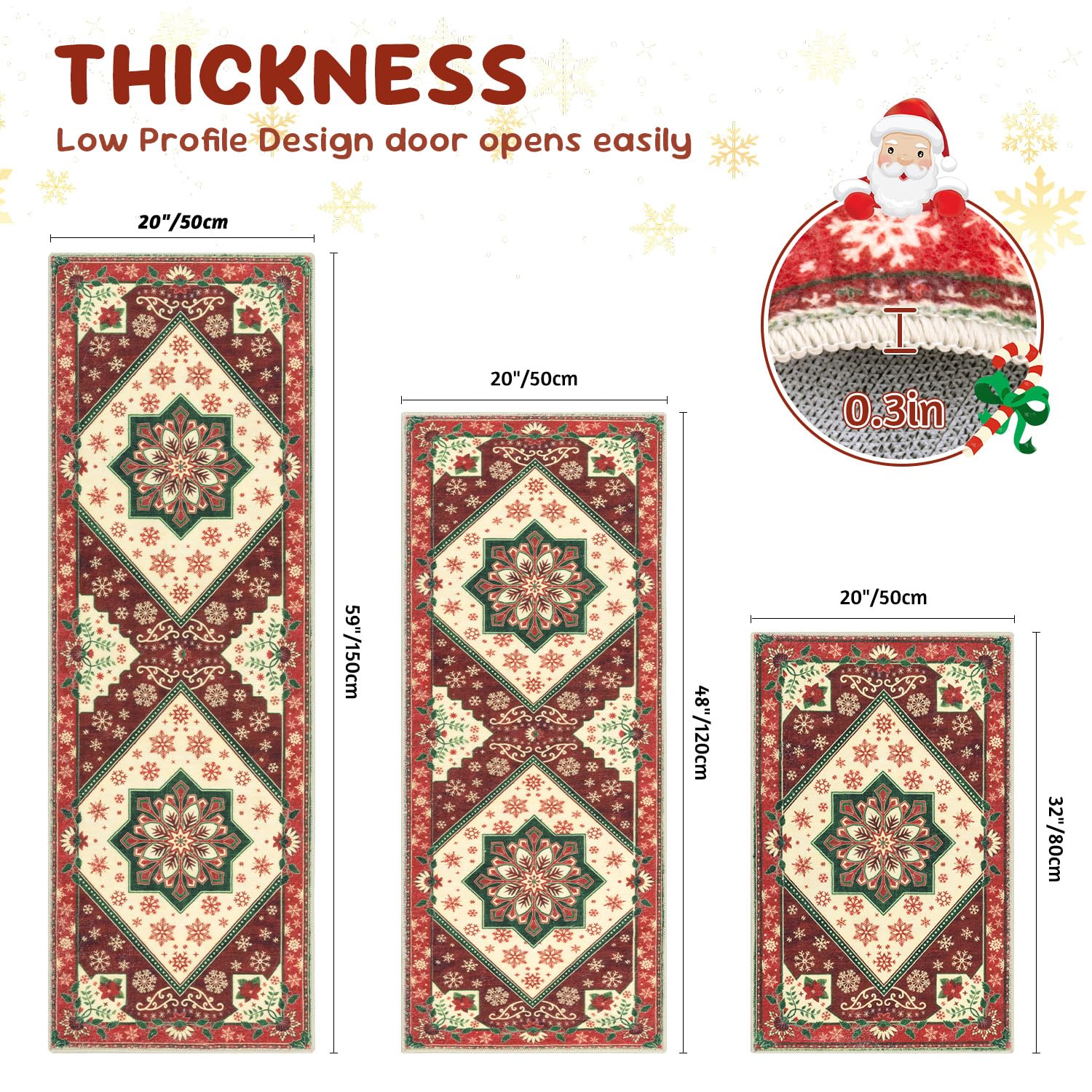 Yamaziot Christmas Kitchen Rugs Sets of 3, Non Slip Kitchen Mats for Floor with Rubber Backing, Holiday Christmas Snowflake Runner Rug Decor Home Decorations for Kitchen, Laundry Room, Hallway