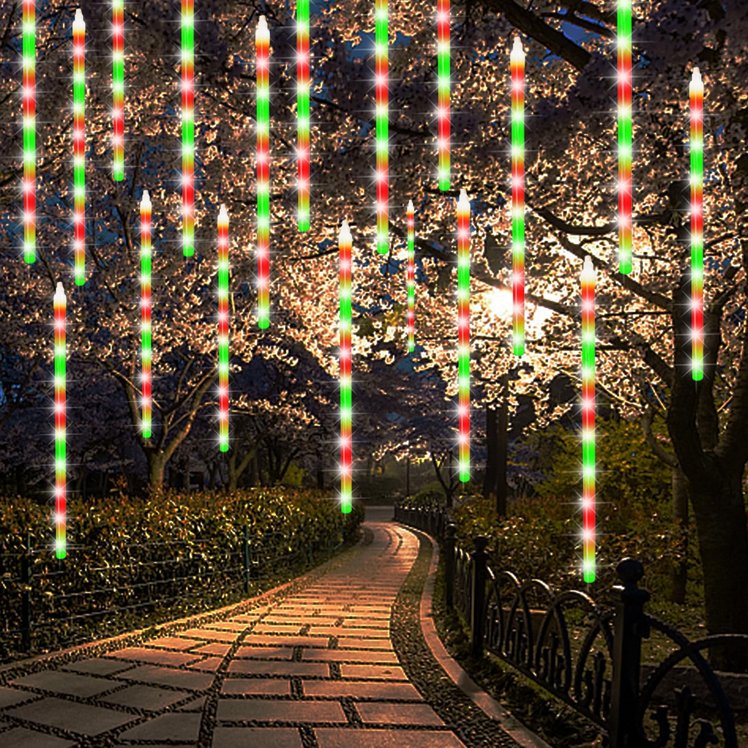 Meteor Outdoor Icicle Lights - 12 Inch, 288 LED, Snow Falling, Connectable, Red & Green, Xmas Wedding Party Tree Decor
