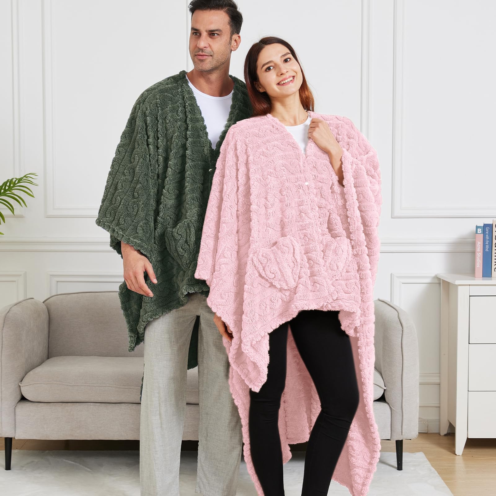 Wearable Blanket Poncho Cape Wrap for Adult, Cozy Sherpa Fleece Pocketed Shawl TV Throw Blankets for Office and Lounge(Caramel,58'' x 64'')