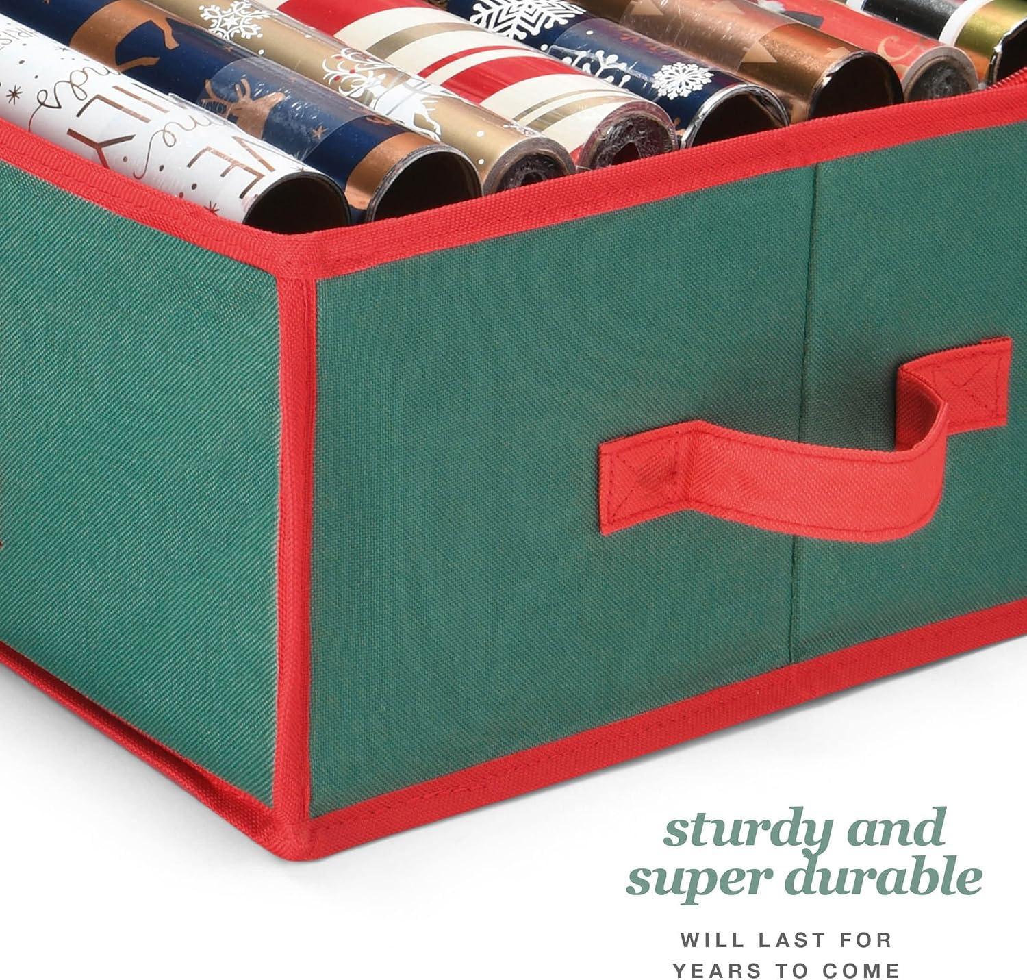 Premium Wrapping Paper Organizer Storage | Gift Wrap Holder With Extra Pockets for Christmas Decorations, Reinforced Handles, Heavy Duty, Ultra-Durable, Tear-Proof Fabric - Fits Up to 27 Rolls (Red)
