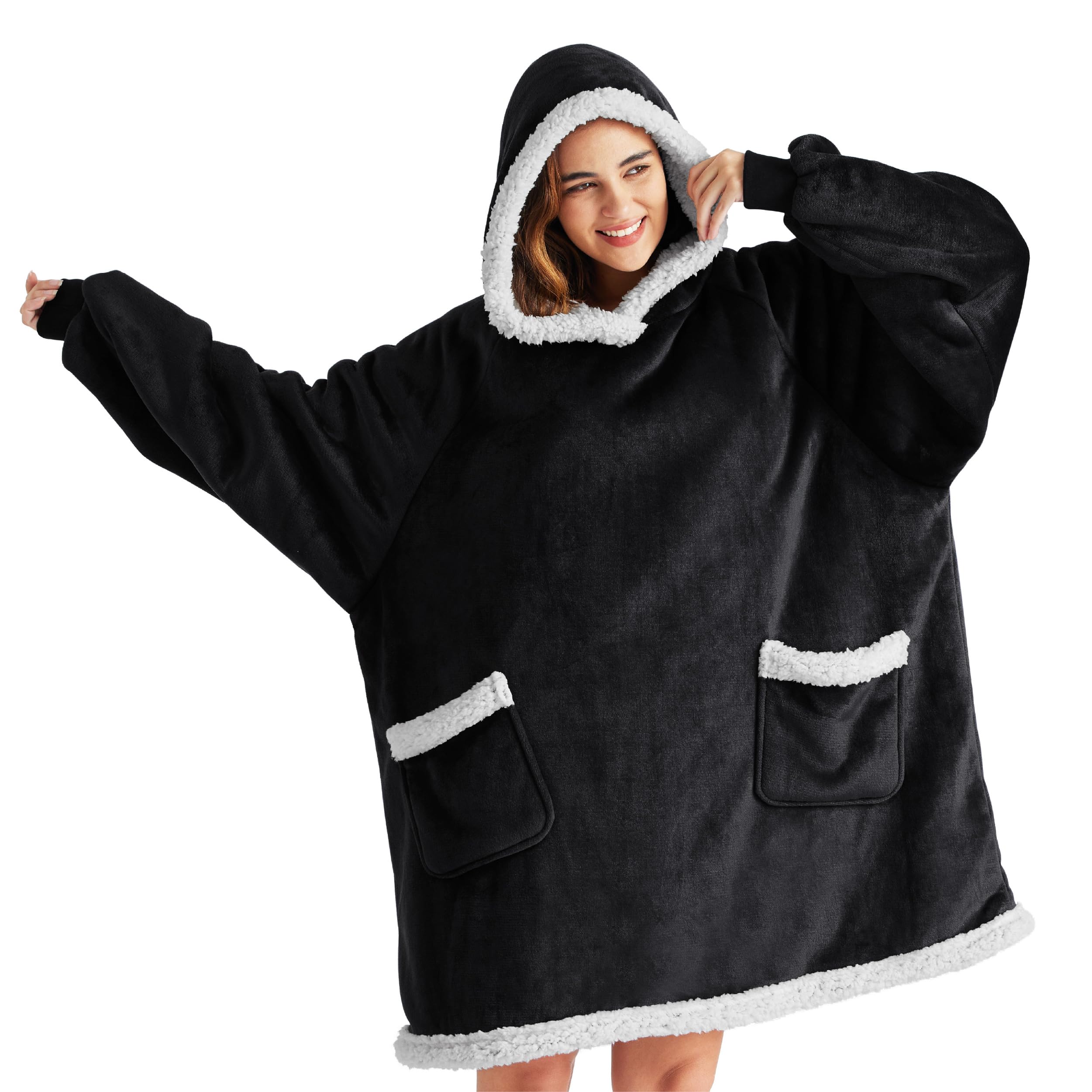Bedsure Blanket Hoodie, Wearable Blanket Hoodie as Gifts for Mom, Birthday Gifts for Women Kids Teens Mother's Day Sherpa Sweatshirt, Grey, Standard