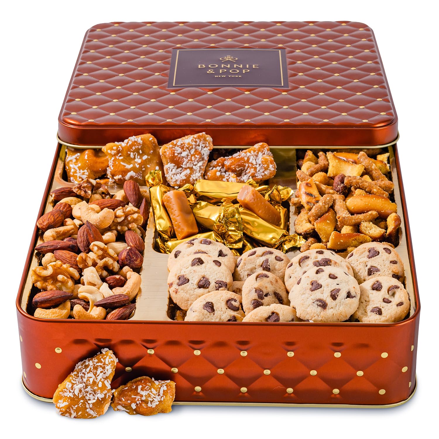Caramels and Nut Sweet and Savory Gift Basket for Christmas Gifts, Dad, Men, Women, Holiday Parties | Gourmet Holiday Snack Tin Box | Churro Cinnamon and Sugar Pretzels | Sea Salt Caramels and Brittle| Prime Delivery Gift | Bonnie & Pop