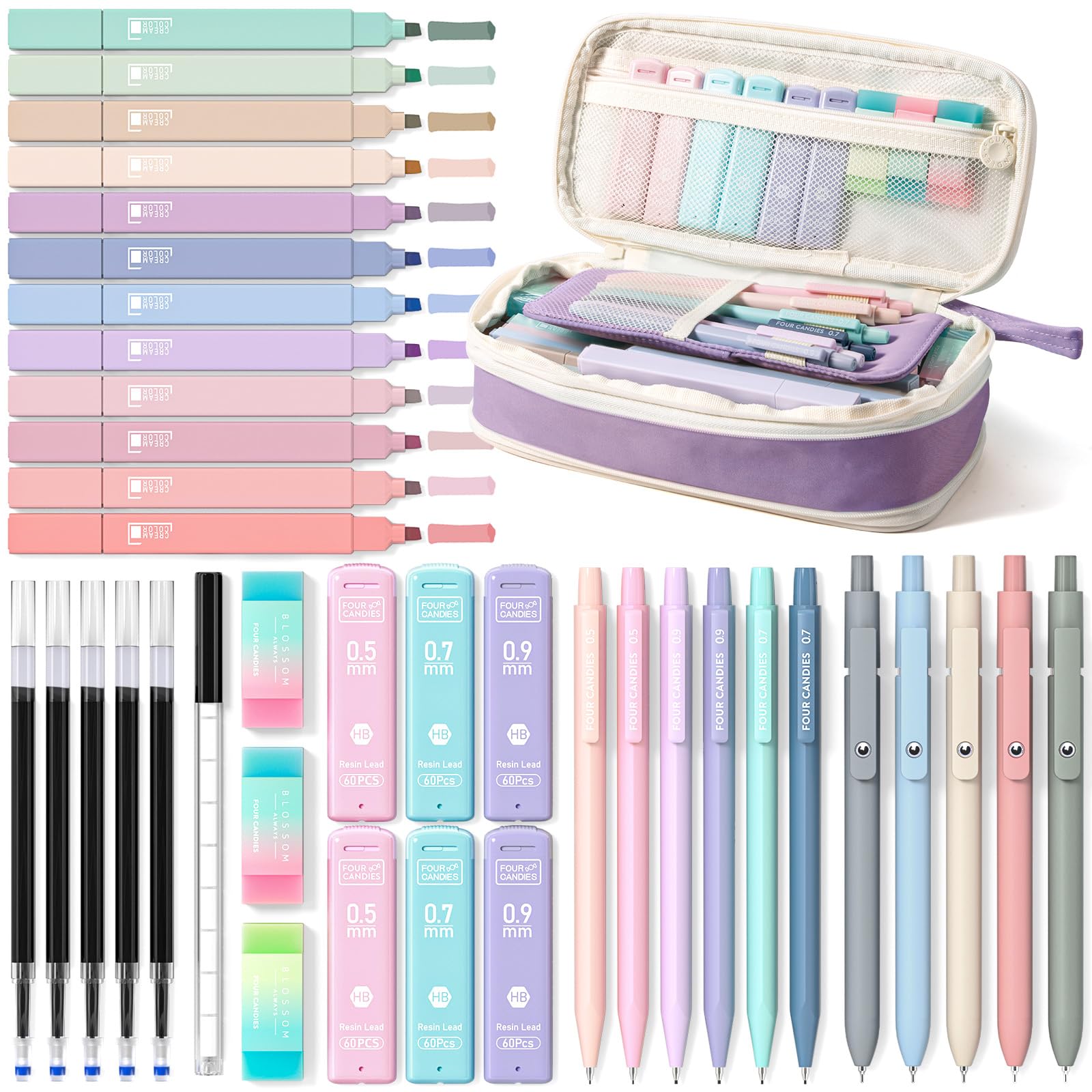 Four Candies 39 PCS Aesthetic Stationery Set with Cute Pen Case, College Supplies and Nursing Student Essentials, 12 Pastel Highlighters, 5 Black Gel Pens, 6 Mechanical Pencils, Blue