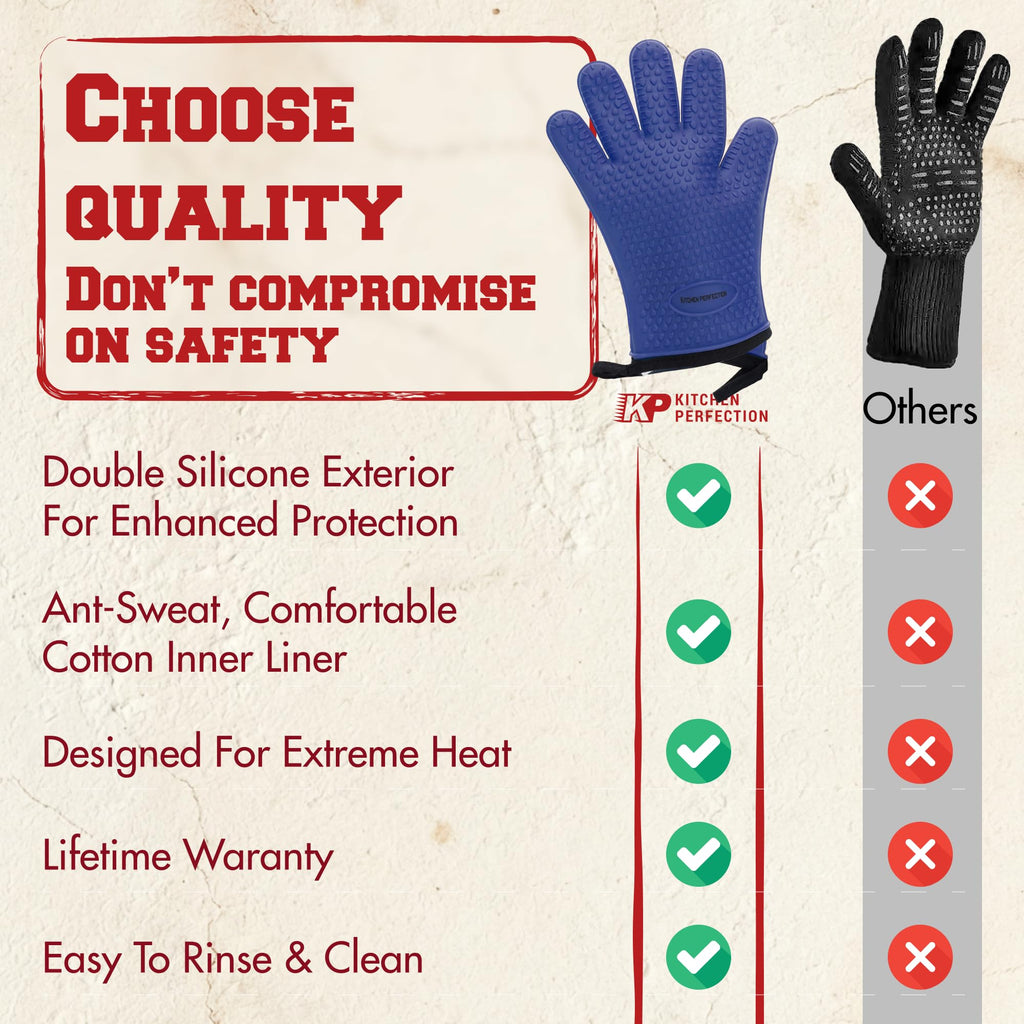 KITCHEN PERFECTION Silicone Oven & Griddle Gloves -Extreme Heat Resistant BBQ & Grilling Gloves -Handle Hot Food Right on Your Griddle |Waterproof Oven Mitts Grill Gloves |Superior Set+3 Bonuses