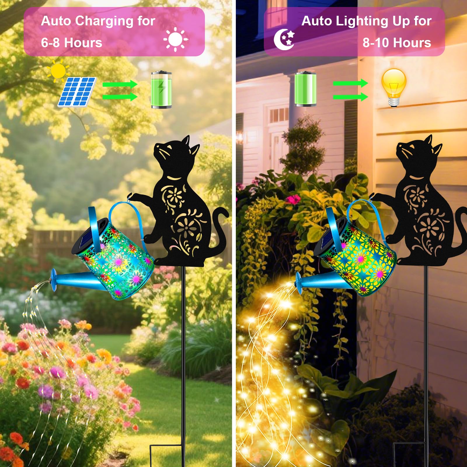 Solar Watering Can Lights, Cat Hanging Lantern Solar Lights Outdoor, Cat Lover Gifts for Mom Women Birthday Mother's Day Christmas, Waterproof Garden Decor Outside Patio Yard Pathway Backyard