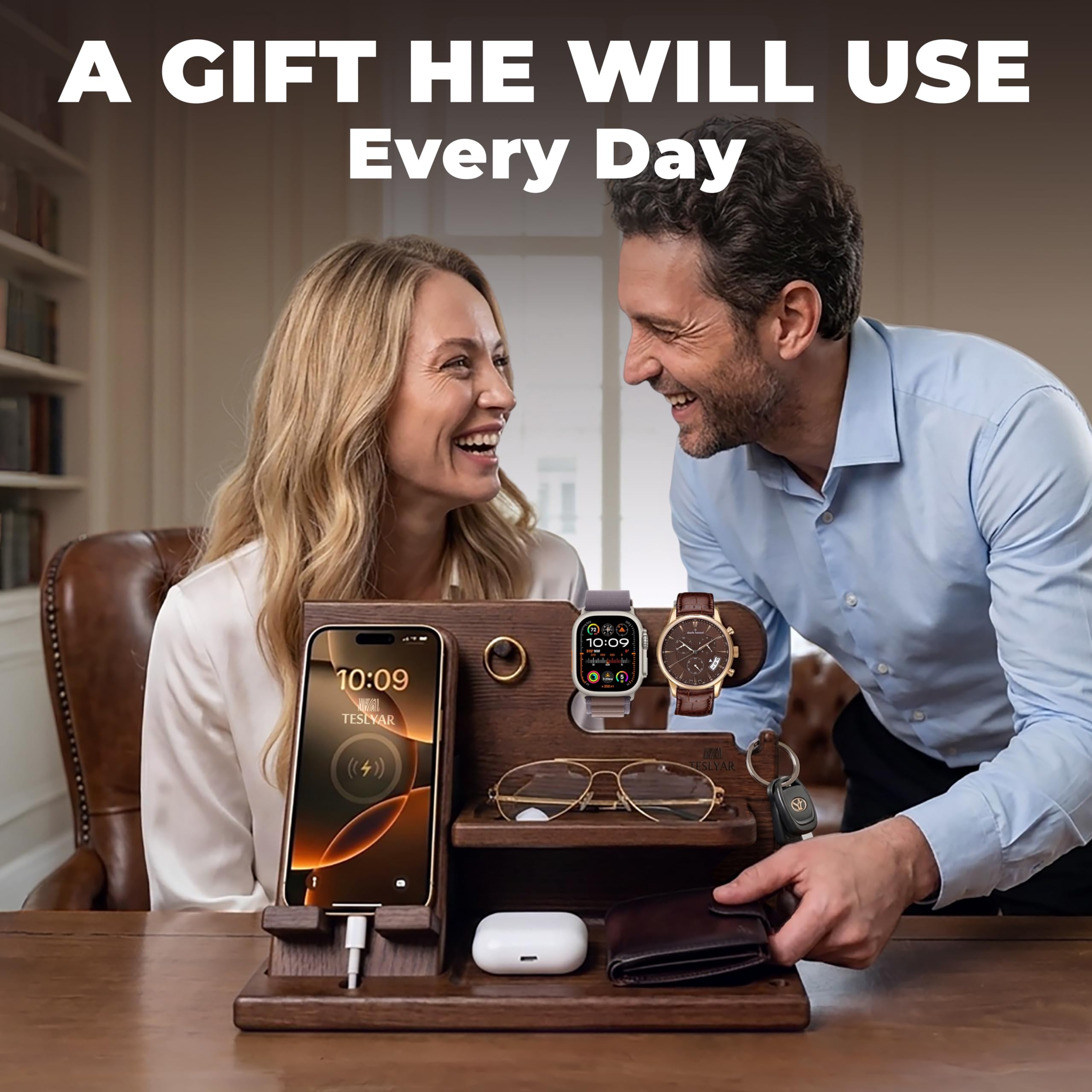 TESLYAR Wood Phone Docking Station for Men - Desk or Nightstand Organizer - Birthday Gifts for Husband, Dad - Anniversary Idea from Wife - Key Holder, Stand Wallet, Watch & Essentials (Bourbon Brown)