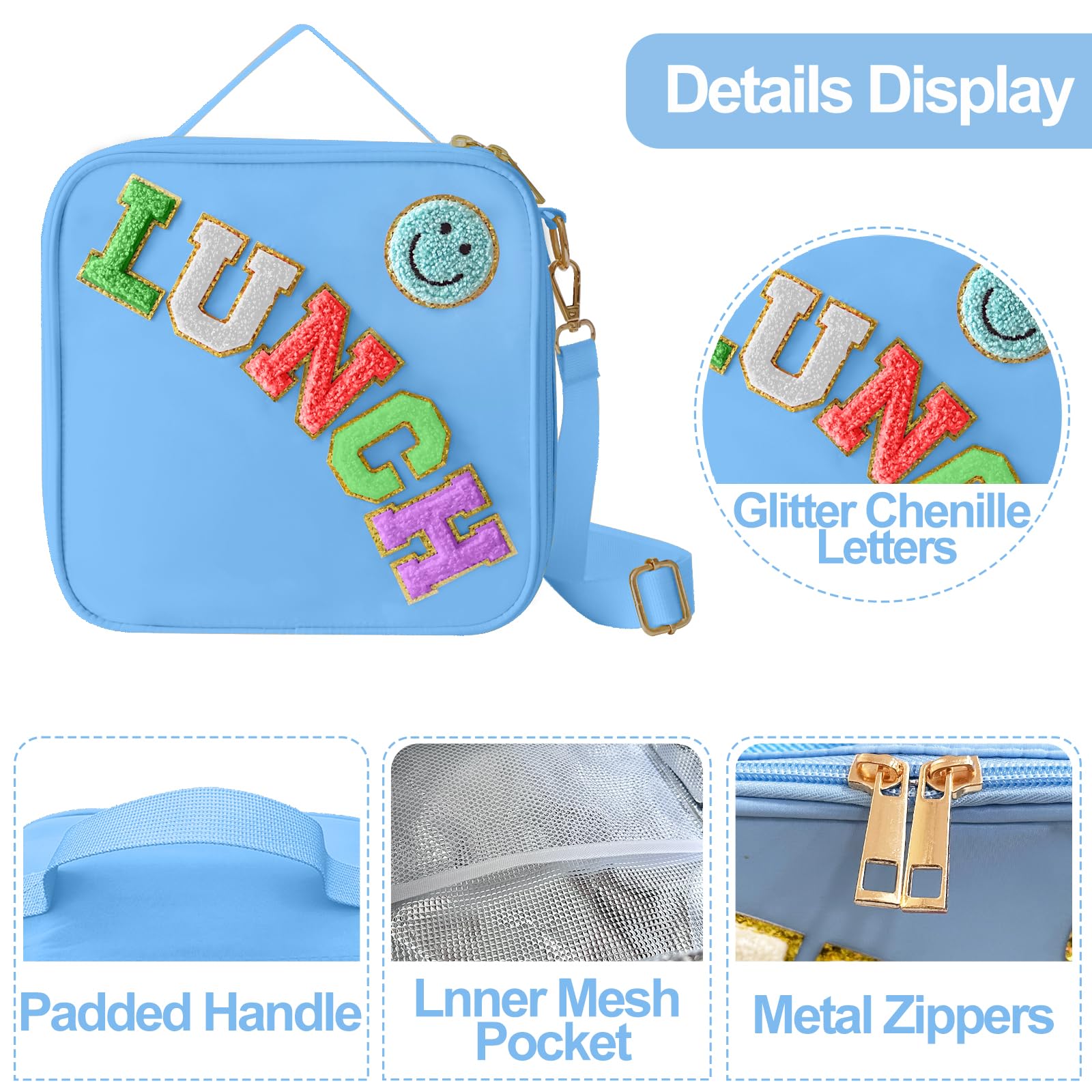 Insulated Lunch Bag With Adjustable Shoulder Strap, Nylon Preppy Lunch Box Large Insulated Lunch Bag Reusable Lunch Tote Bag with Smiley Preppy LunchBag for Girls School Travel Picnic (Purple)