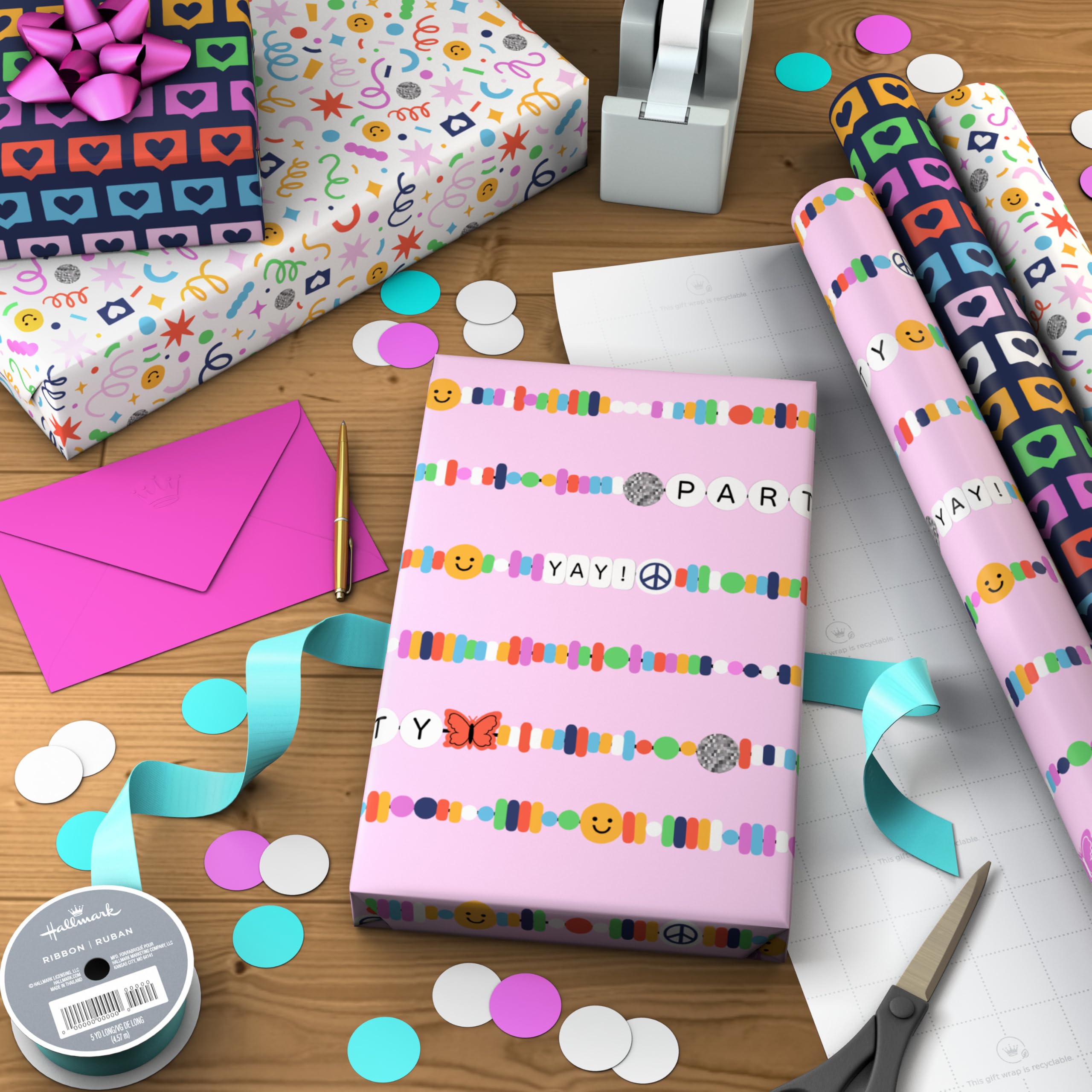 Hallmark Reversible Spring Wrapping Paper (3 Rolls: 75 Sq. Ft. Ttl) Floral, Lemons, Bright Abstract for Easter, Birthdays, Mother's Day, Bridal Showers, Baby Showers
