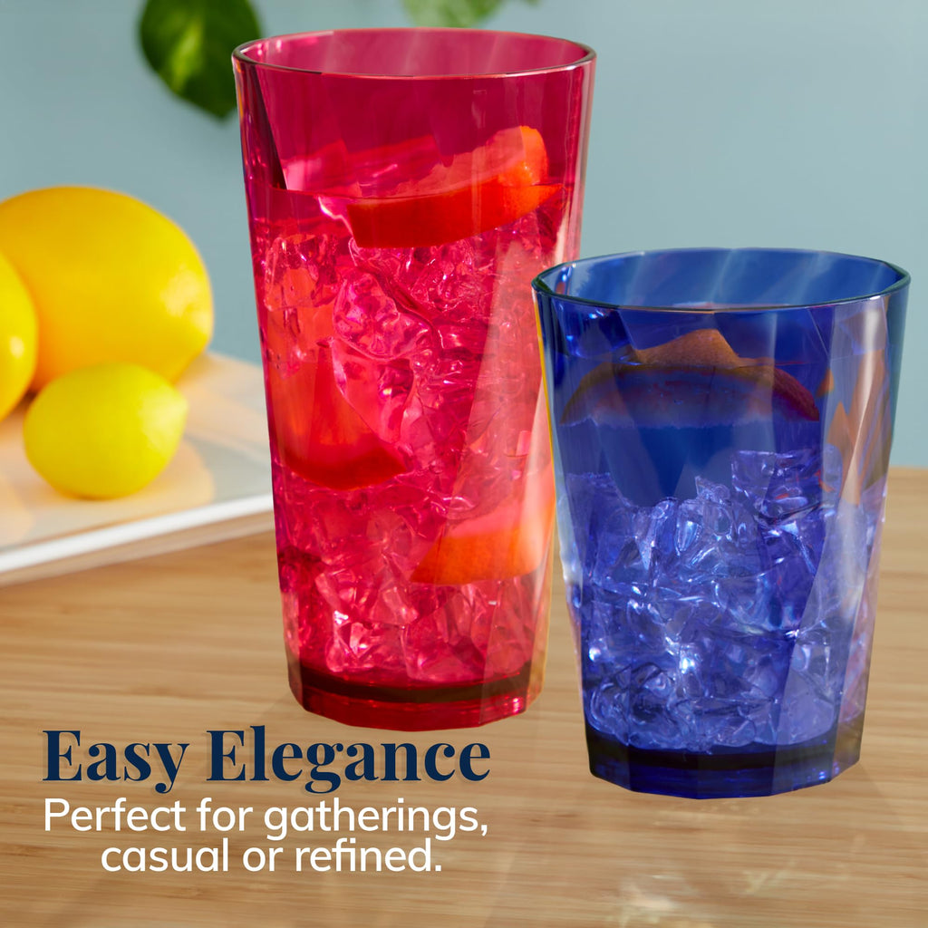 US Acrylic Optix Plastic Reusable Drinking Glasses (Set of 8) 20oz Water Cups in Jewel Tone Colors | BPA-Free Tumblers, Made in USA | Top-Rack Dishwasher Safe
