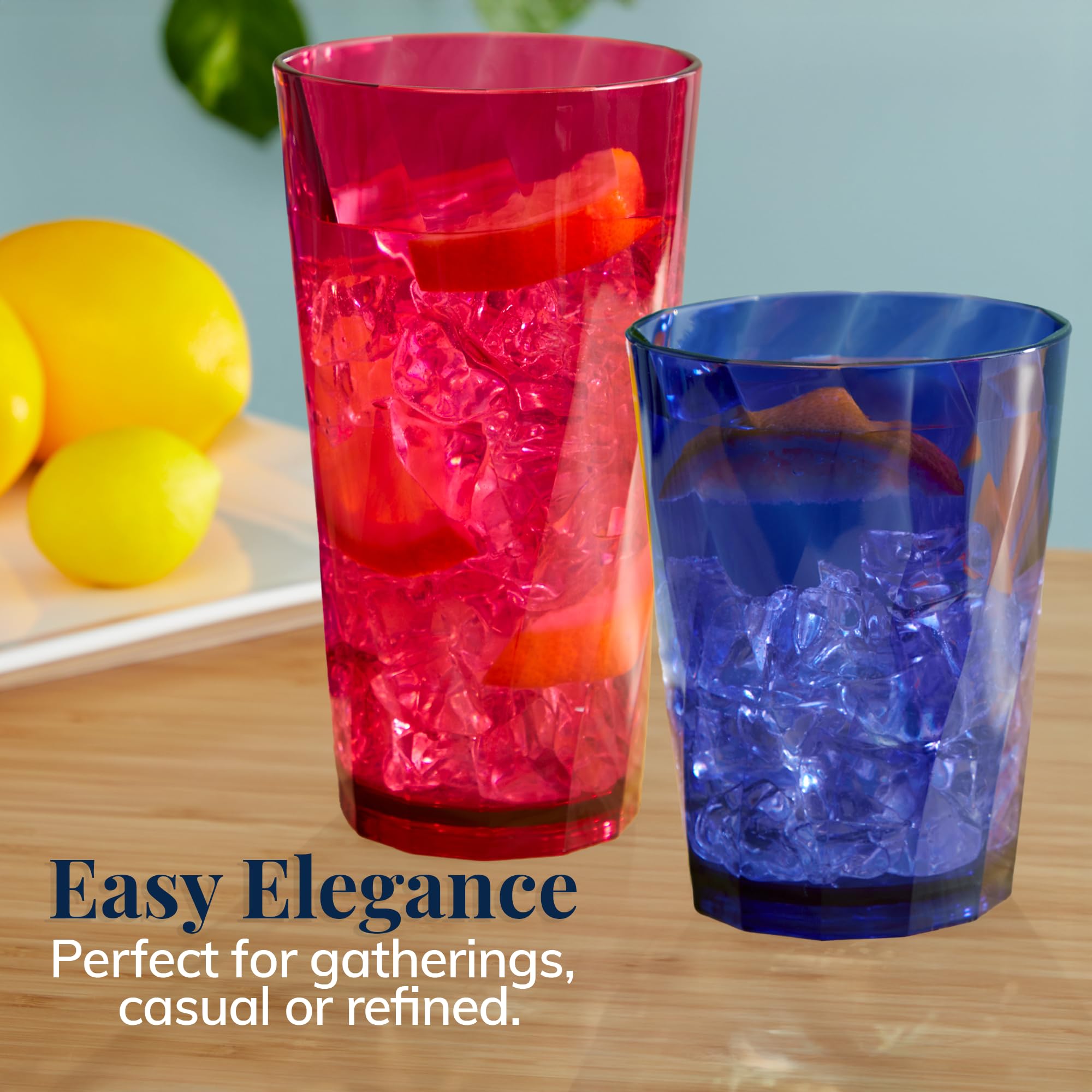 US Acrylic Optix Plastic Reusable Drinking Glasses (Set of 8) 20oz Water Cups in Jewel Tone Colors | BPA-Free Tumblers, Made in USA | Top-Rack Dishwasher Safe