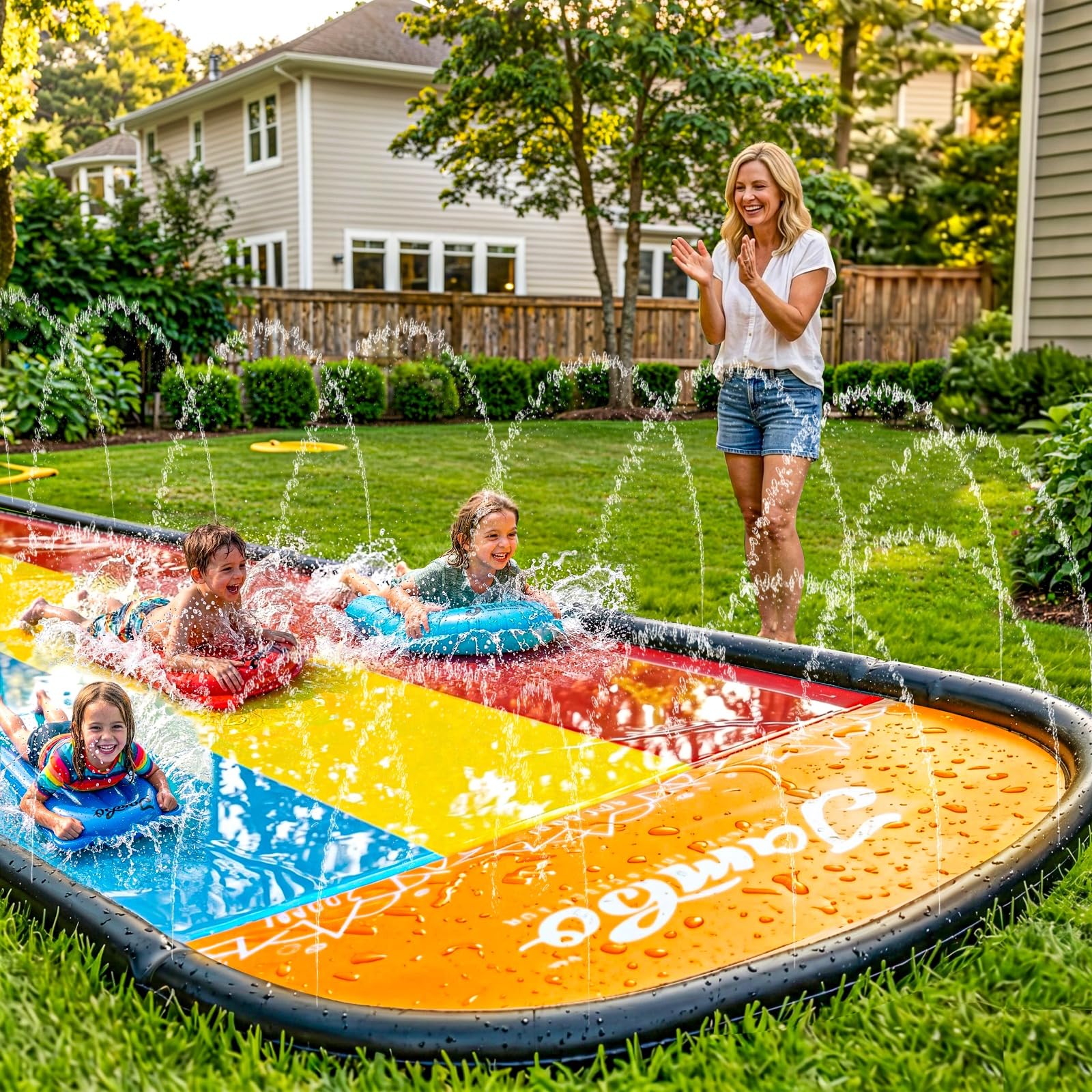 JAMBO Premium Triple Water Slide with 3 Bodyboards, 20Ft Heavy Duty Slip Splash and Slides-Advanced 3-Way Sprinkler System, Splash Pad Mat Backyard Summer Outdoor Water Toys n Long Slides for Kids