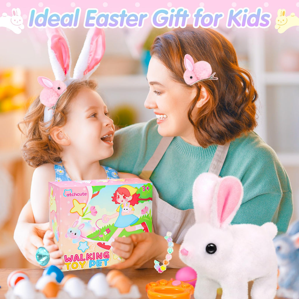 CatchCute Easter Plush Bunny Toys for Kids,Interactive Bunny with Sounds,Can Walk,Wag Tail and Twitch Nose with Remote Control Leash,Easter Eggs with Pull Back Cars,Easter Birthday Gift for Toddlers
