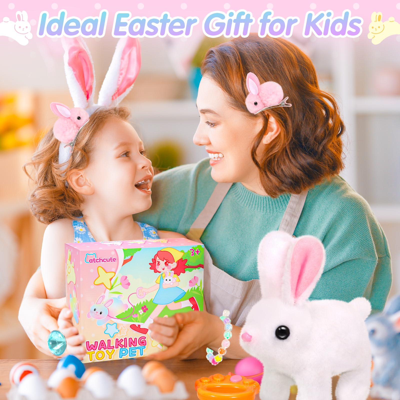 CatchCute Easter Plush Bunny Toys for Kids,Interactive Bunny with Sounds,Can Walk,Wag Tail and Twitch Nose with Remote Control Leash,Easter Eggs with Pull Back Cars,Easter Birthday Gift for Toddlers