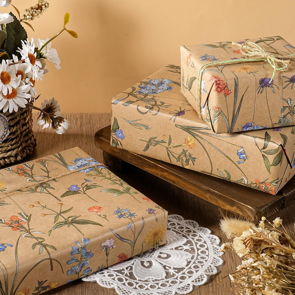 WRAPAHOLIC Kraft Floral Wrapping Paper Roll - Mini Roll - 17 Inch x 9.8 Feet - Spring Summer Garden Flower Design Perfect for Wedding, Bridal Shower, Birthday