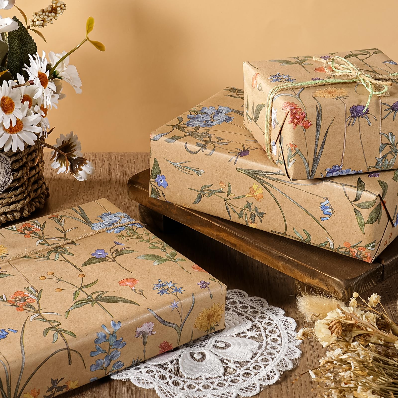 WRAPAHOLIC Kraft Floral Wrapping Paper Roll - Mini Roll - 17 Inch x 9.8 Feet - Spring Summer Garden Flower Design Perfect for Wedding, Bridal Shower, Birthday