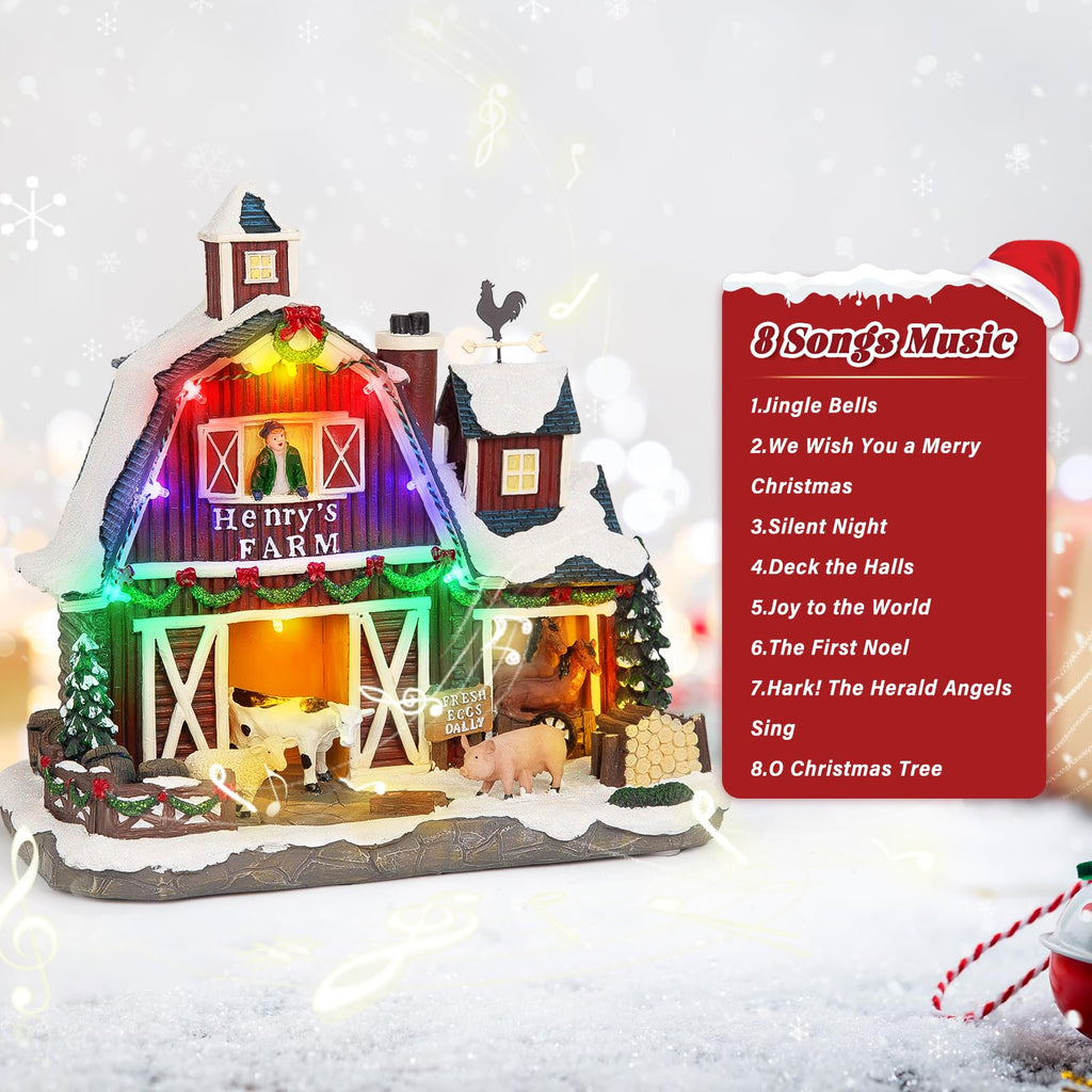LED Lighted Musical Farmhouse Christmas Village - 10.4" Farm Barn, Large Christmas Collectible Building with Dual Light & Music Modes, Holiday Collectible Gifts for Tabletop, Mantel, Village Display