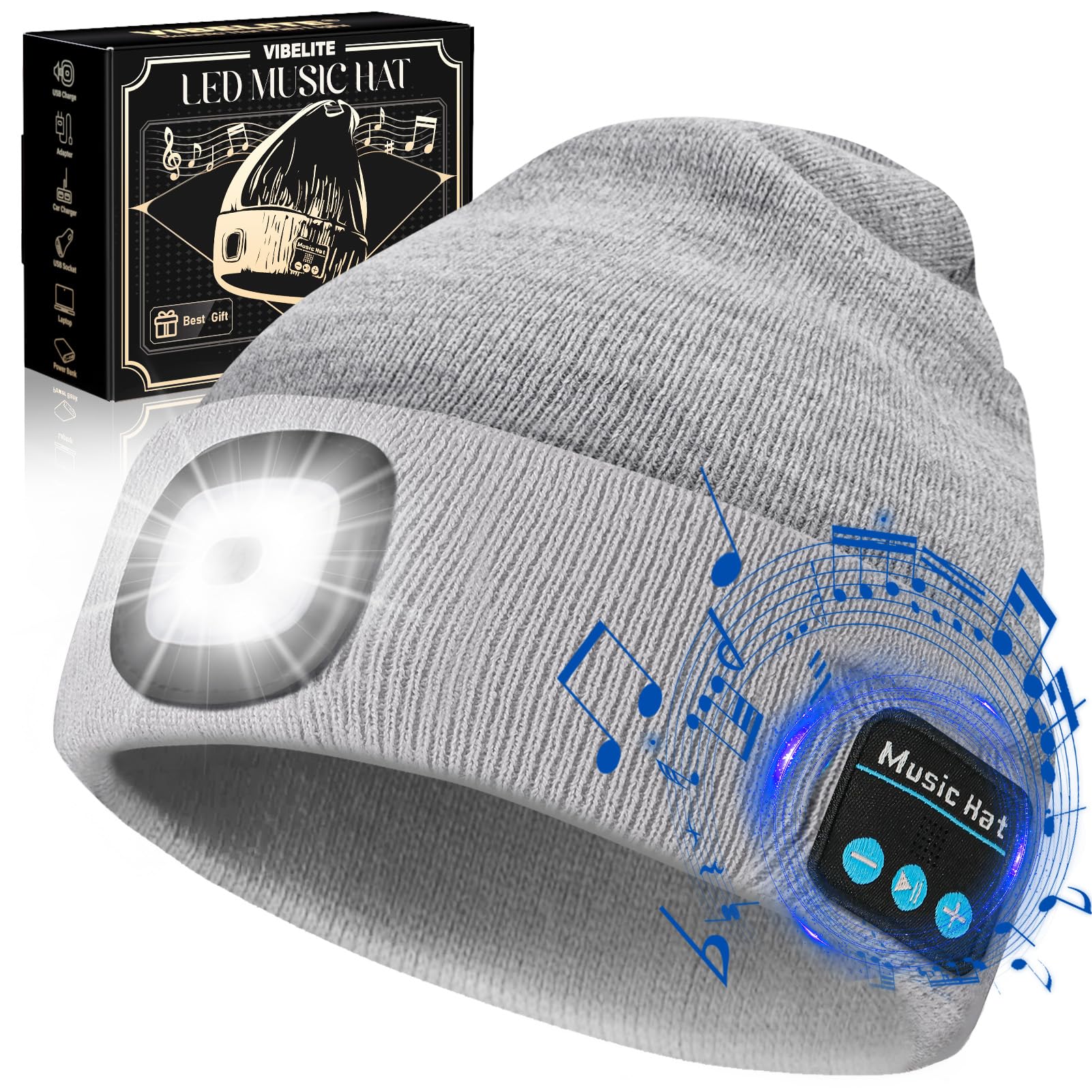 VIBELITE LED Beanie Hat with Light, USB Rechargeable LED Headlamp for Hiking, Camping, Fathers Day Gift for Dad, Husband, Birthday Gifts for Men, Women, Dad Gifts from Daughter, Wife, Black