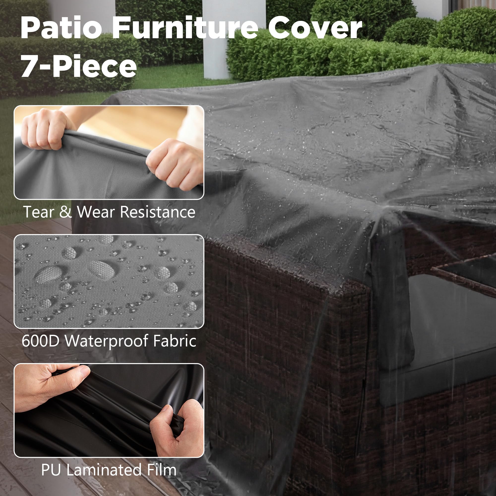 LHBcraft 7 Piece Patio Outdoor Furniture Set, Outdoor Sectional, All-Weather Manual Weaving PE Rattan Wicker Patio Sectional Sofa, Rattan Outside Furniture with Black Cushion and Glass Coffee Table