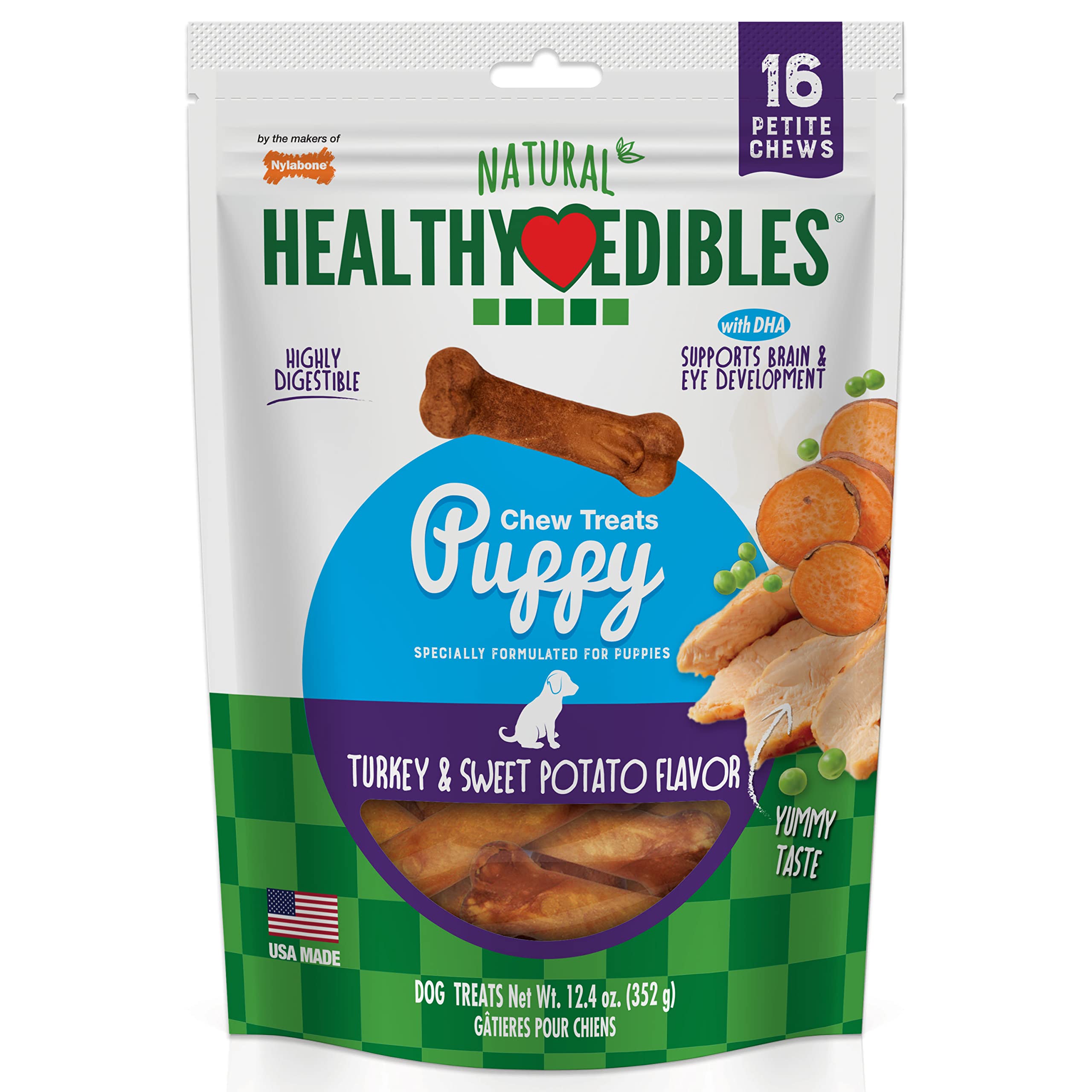 Nylabone Healthy Edibles Natural Puppy Chews Long Lasting Treats for Puppies, Roast Beef/Apple/Bacon Dog Treats, X-Small/Petite (3 Count)