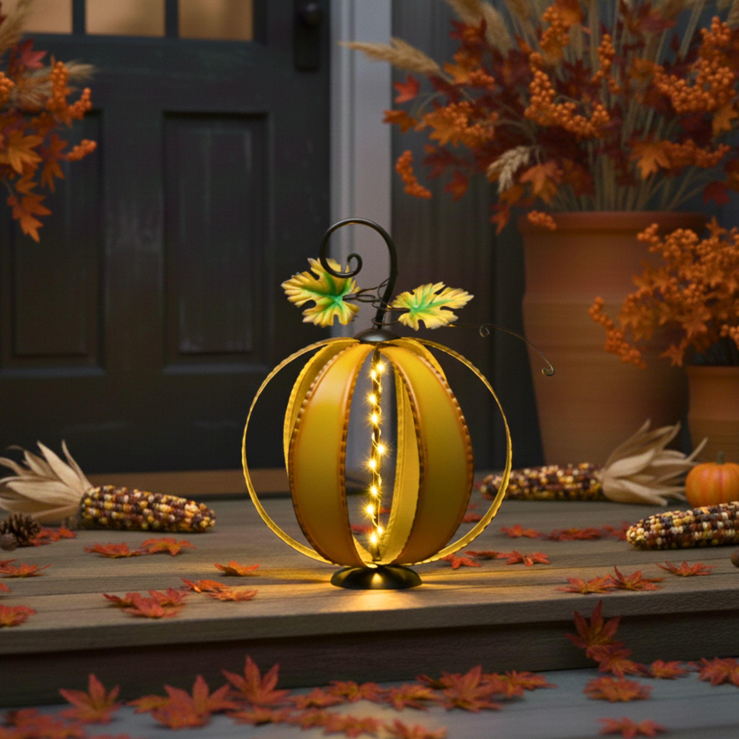 TERESA'S COLLECTIONS Fall Decor, Pumpkin Decor, Large Orange Pumpkin Decor with Light, 15.4", Metal Outdoor Fall Decor, Pumpkin Gifts, Fall Gifts, Thanksgiving Gifts, Indoor/Outdoor