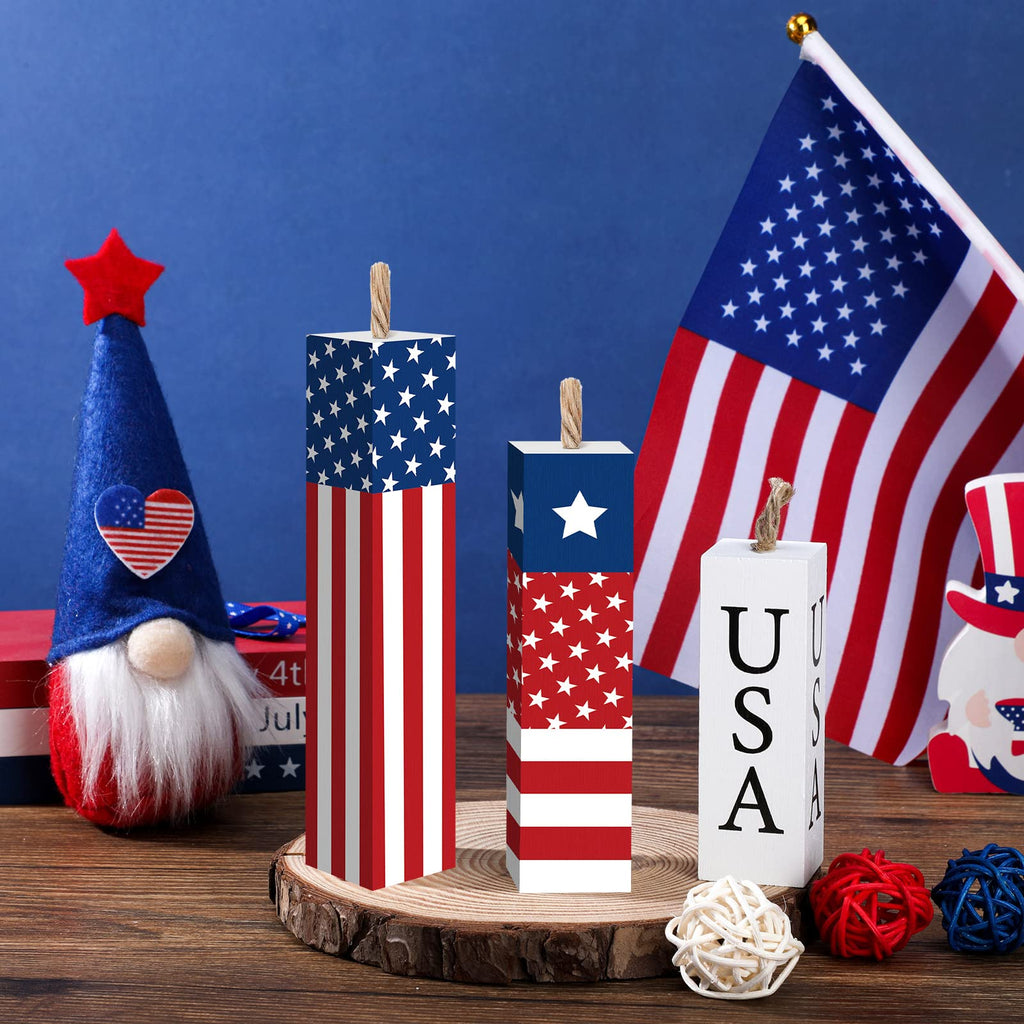Amyhill 3 Pcs 4th of July Decorations Set Wooden Patriotic Table Centerpieces Independence Day Wood Firework Fourth of July Table Signs for 250th Anniversary Home Farmhouse Decor (Flag)