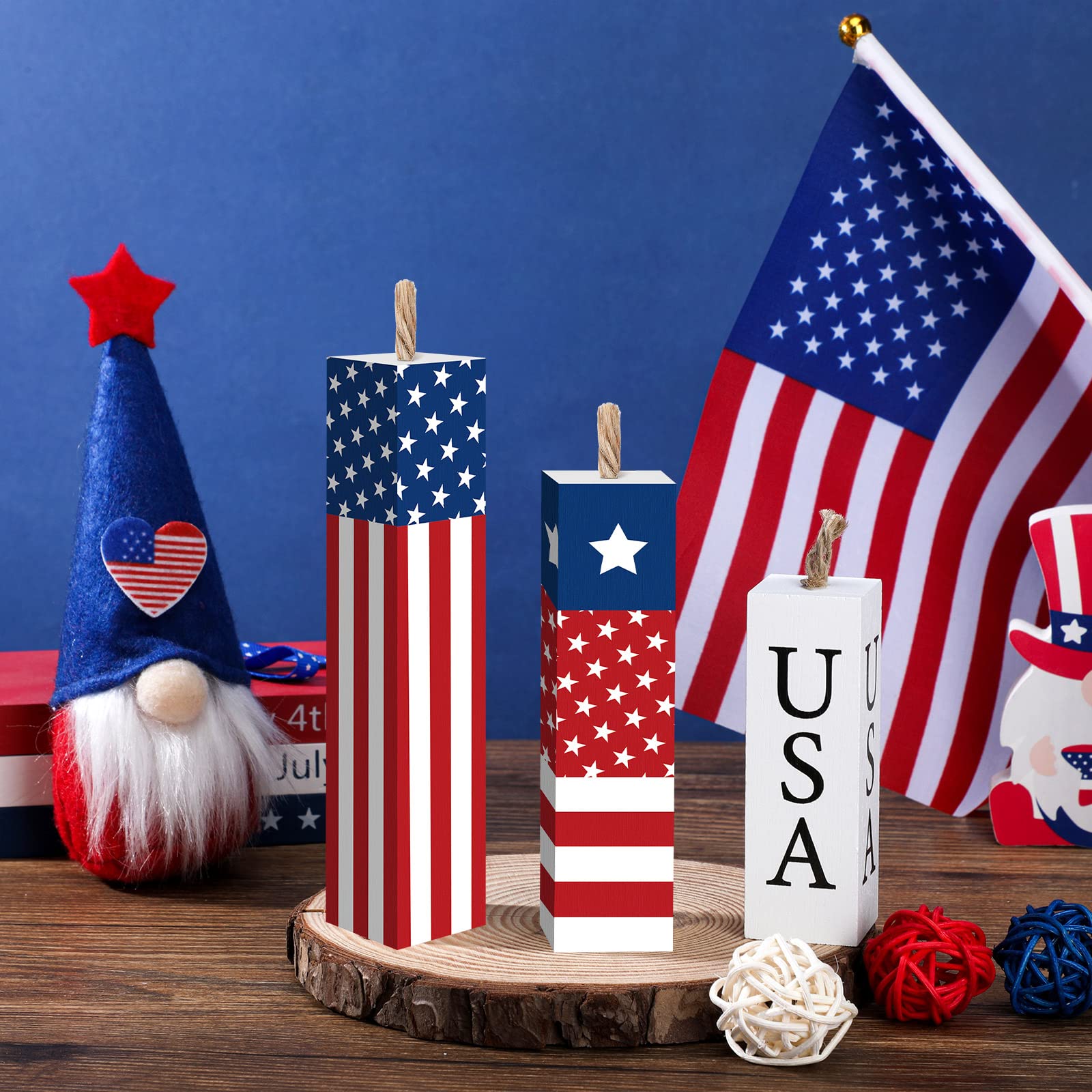 Amyhill 3 Pcs 4th of July Decorations Set Wooden Patriotic Table Centerpieces Independence Day Wood Firework Fourth of July Table Signs for 250th Anniversary Home Farmhouse Decor (Flag)