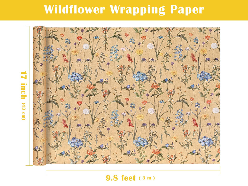 WRAPAHOLIC Kraft Floral Wrapping Paper Roll - Mini Roll - 17 Inch x 9.8 Feet - Spring Summer Garden Flower Design Perfect for Wedding, Bridal Shower, Birthday