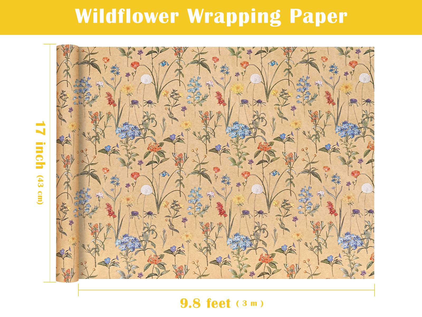 WRAPAHOLIC Kraft Floral Wrapping Paper Roll - Mini Roll - 17 Inch x 9.8 Feet - Spring Summer Garden Flower Design Perfect for Wedding, Bridal Shower, Birthday