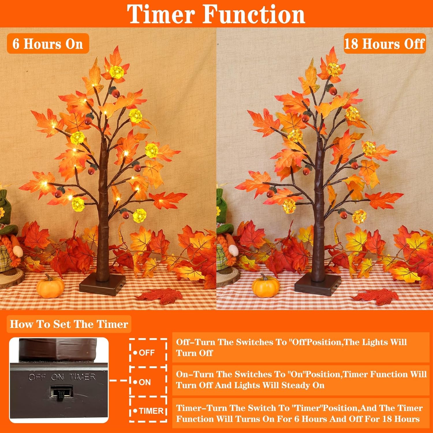 Fall Decor -2 Pack 24 Inch Prelit Fall Lighted Maple Tree 48 LED Timer Table Lights, Acorn Pumpkin Lights Battery Operated for Wedding Party Autumn Fall Decorations for Home Harvest Indoor Outdoor